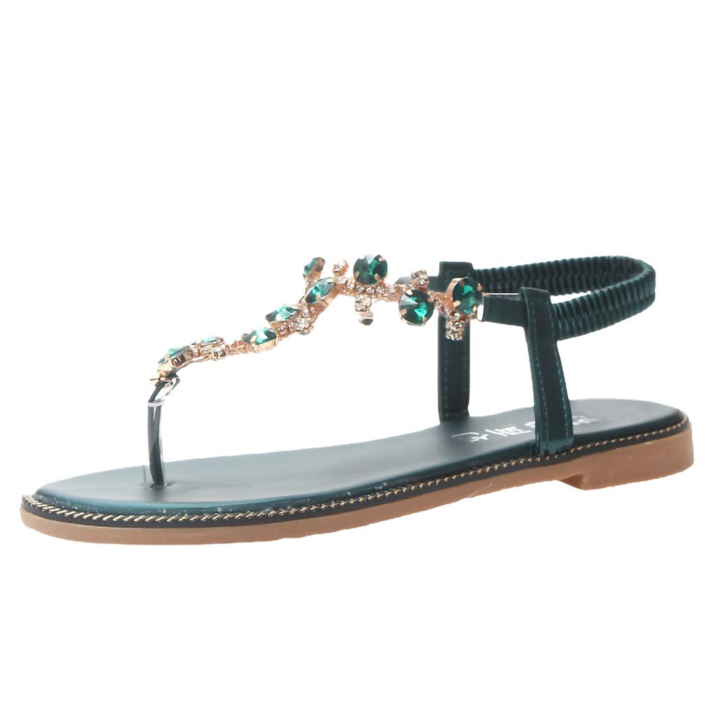 Roman Women's Open Toe Rhinestone Flat Sandals - T-Strap Thong Flip Flops for Flat Feet | Comfortable Summer Beach Wedding Party Shoes
