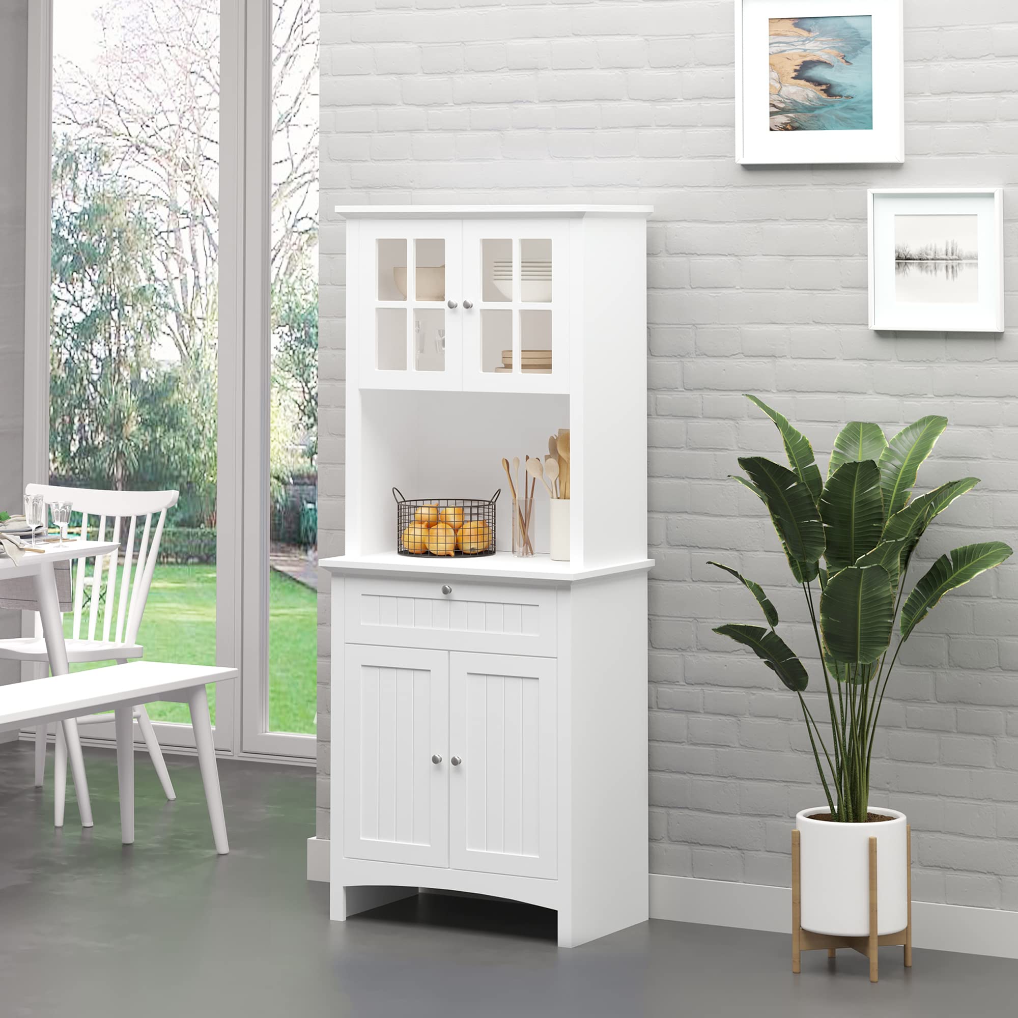 HOMCOM Elegant Buffet Hutch with Framed Glass Doors, Kitchen Pantry Storage Cabinet with Drawers & Microwave Space, White - Perfect for Dining Room Organization & Small Kitchen Storage