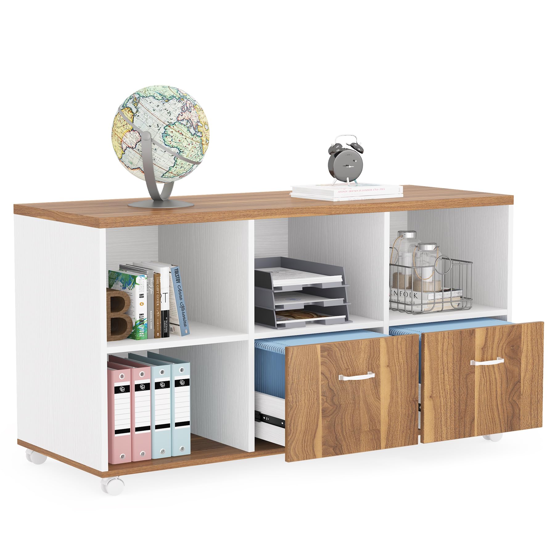 Tribesigns 47-inch 2-Drawer Lateral File Cabinet - Mobile Wooden Office Storage with Wheels, Open Shelves & Letter Size Drawers for Home Office Organization (Beige) | Perfect for Printer Stand, Document Filing & Workspace Storage