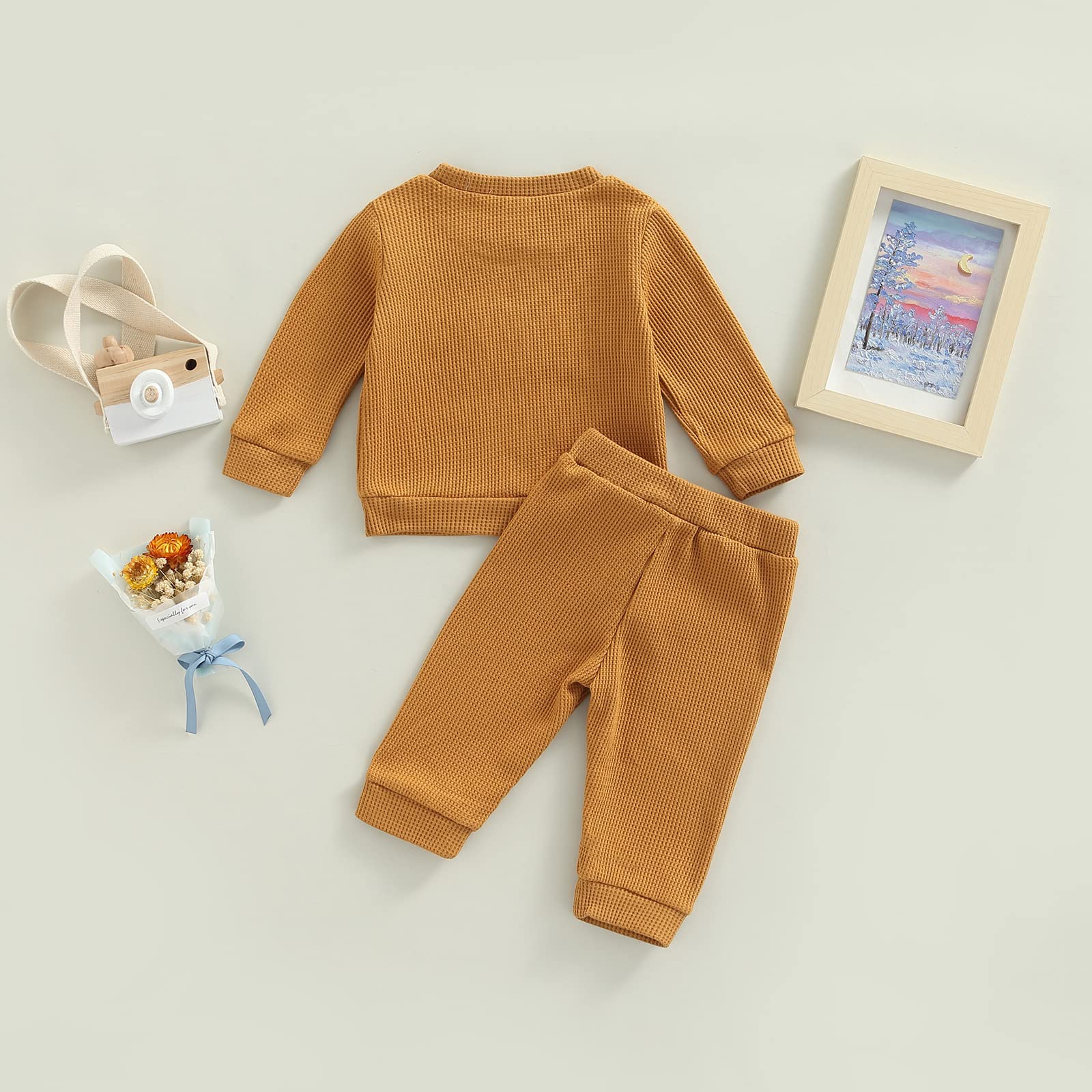 Newborn Baby Boy & Girl Clothes Set - 2PCS Fall Winter Waffle Outfit with Rainbow & Letter Print - Cozy Sweatsuits for Infants | Perfect for Family Photos, Daily Wear & Holiday Gifting