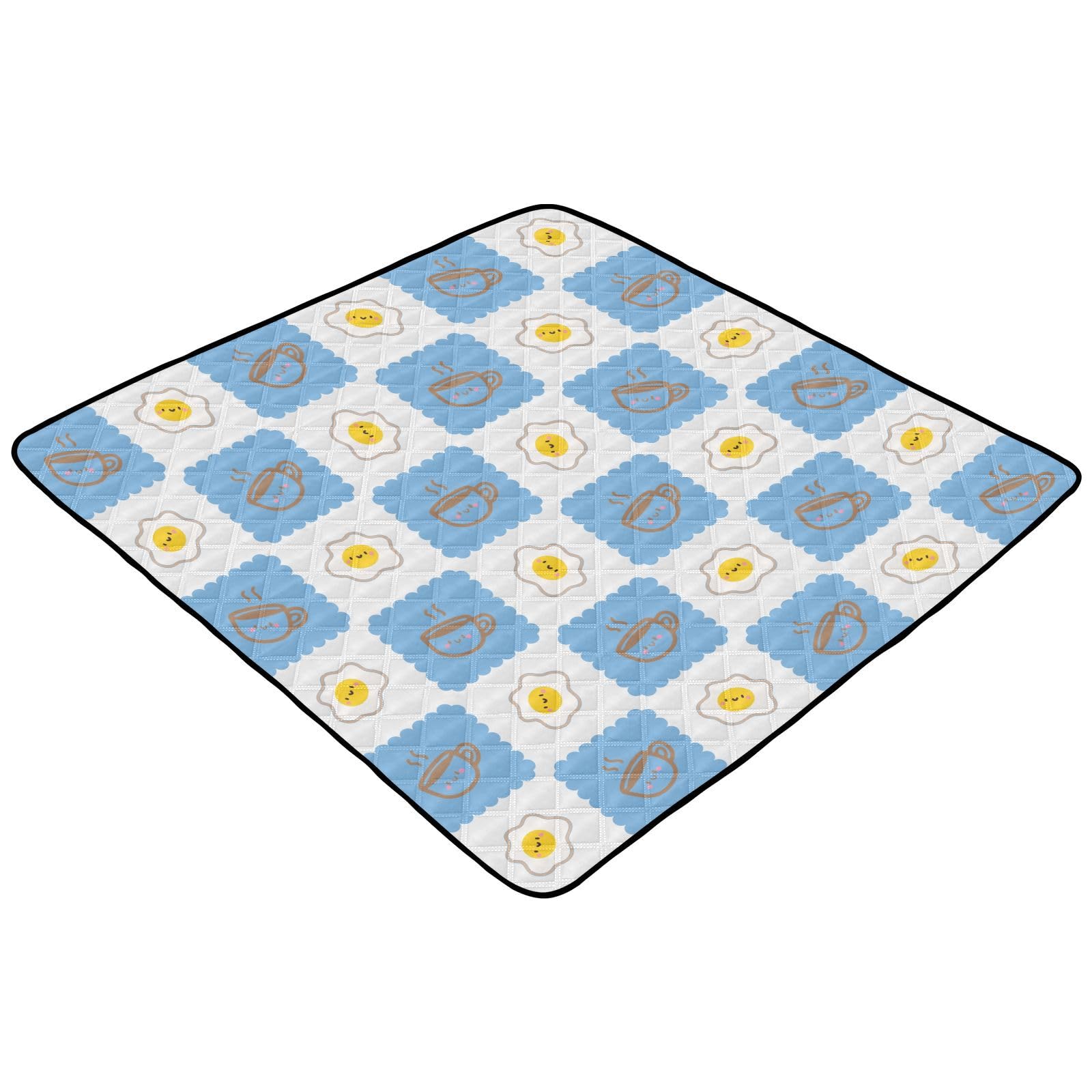 **KICPOAY Baby Play Mat - Non-Slip Cushioned Floor Play Gym for Infants & Toddlers | Blue Coffee Cups & Fried Eggs Design | 50 x 50 Inch Crawling Mat for Safe Playtime at Home or Daycare**
