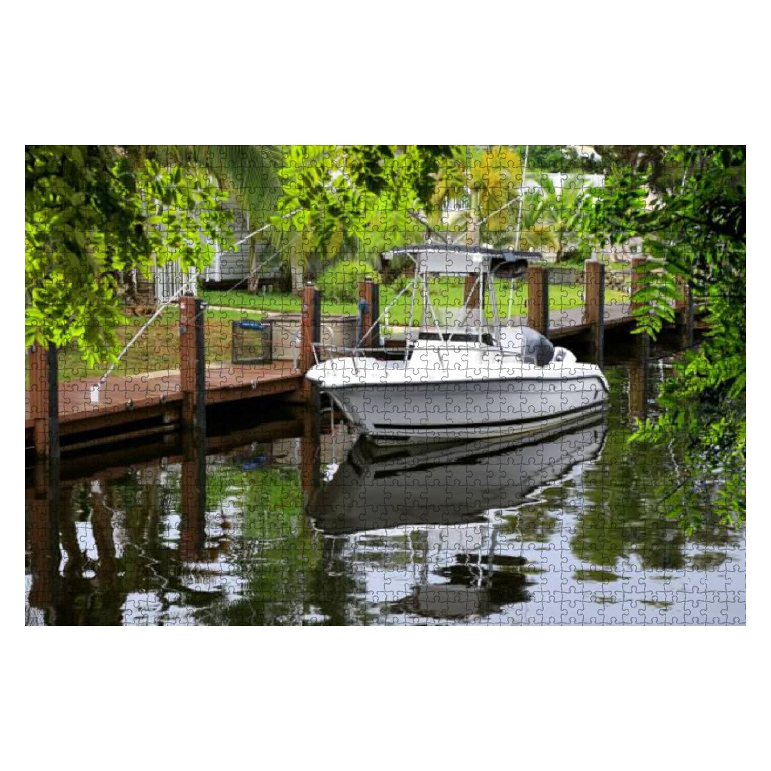 1000-Piece Wooden Jigsaw Puzzle - Scenic Boat at Dock on Florida Canal - Educational & Stress-Relief Puzzle for Kids & Adults - Perfect for Family Game Night & Relaxation