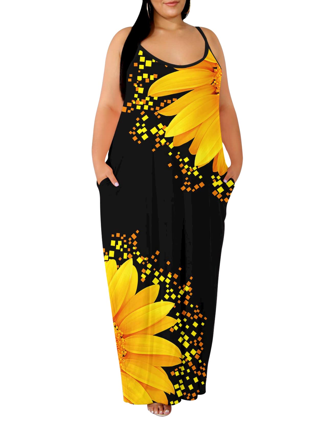 Tycorwd Women's Plus Size Casual Maxi Dresses - Summer Suspender Beach Sundress with Pockets | Flowy Long Dress for Vacation, Pool Party & Outdoor Activities