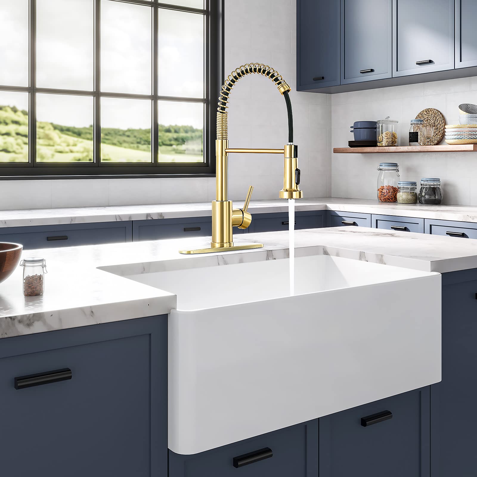 Commercial Single Handle Kitchen Faucet with Pull Down Sprayer - Brushed Gold Finish for Farmhouse, RV, Camper, Laundry & Wet Bar Sinks | Durable & Stylish for Home & Commercial Use