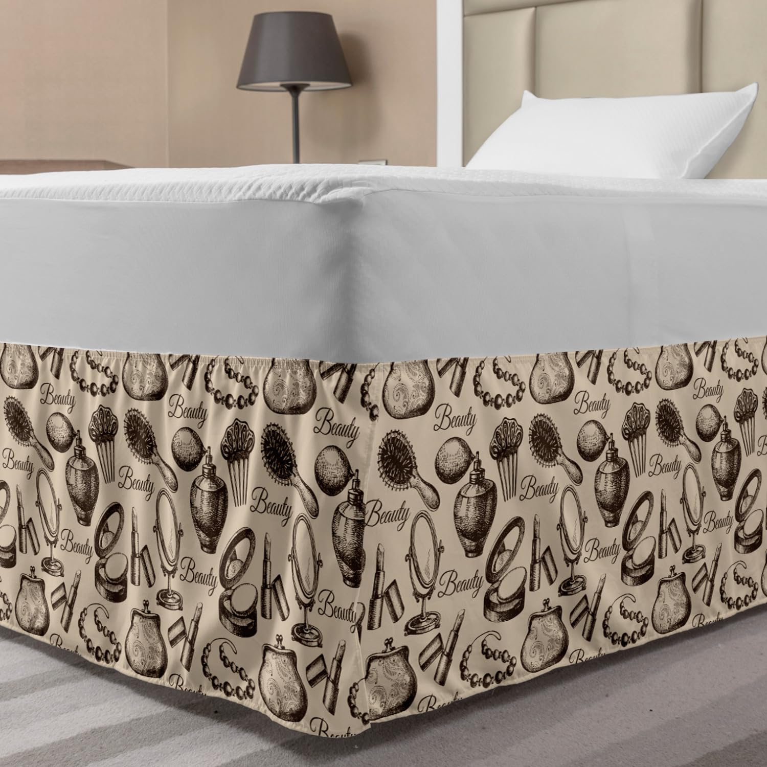 Vintage Elastic Bed Skirt for Women - Hand-Drawn Beauty & Perfume Sketch Design, Wrap Around Dust Ruffle Bedskirt for Twin/Twin XL Beds, Beige & Brown - Perfect for Vintage Themed Bedrooms & Makeup Lovers' Spaces