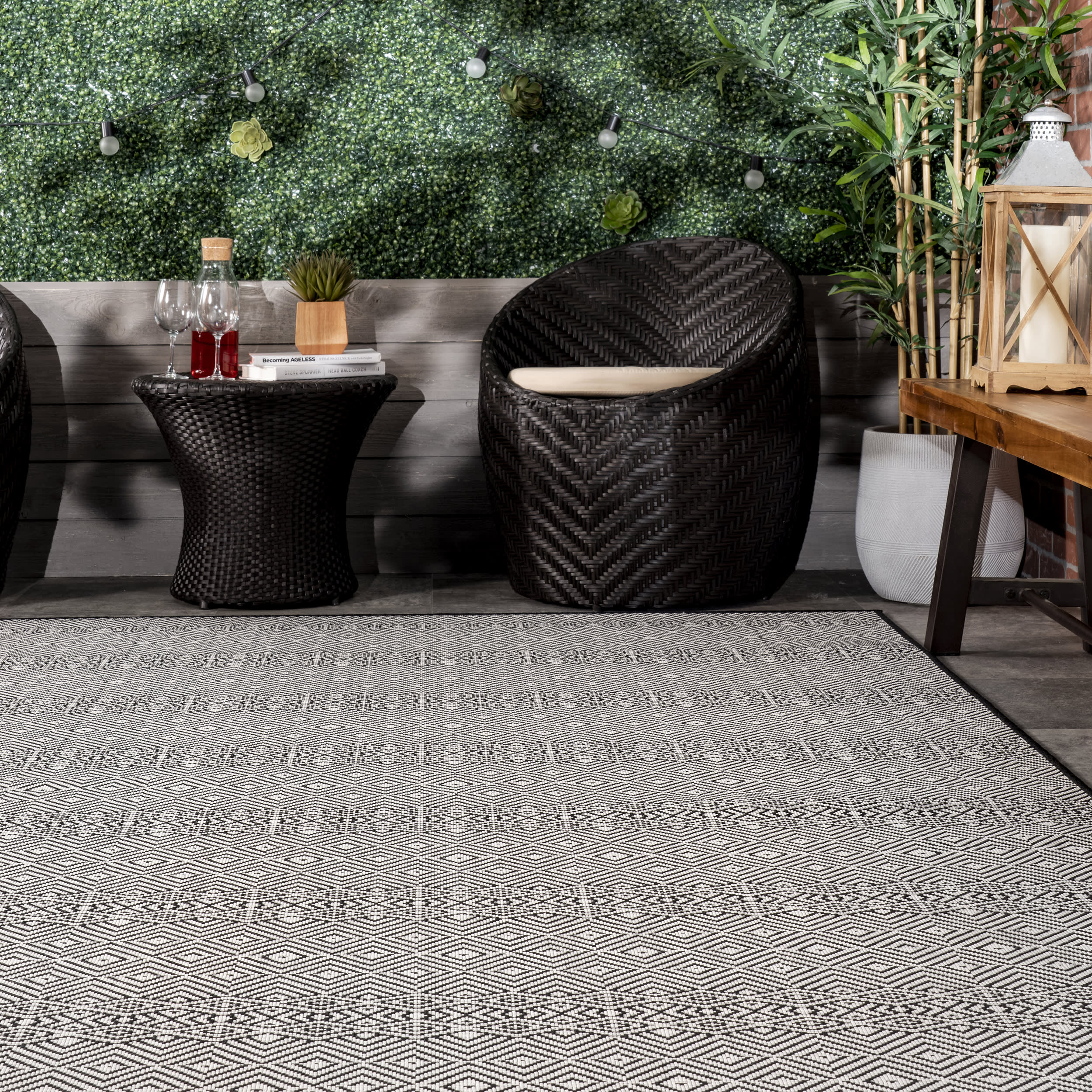 Birdseye Striped Indoor Outdoor Rug - Black | Durable & Stylish for Living Room, Patio, or Entryway