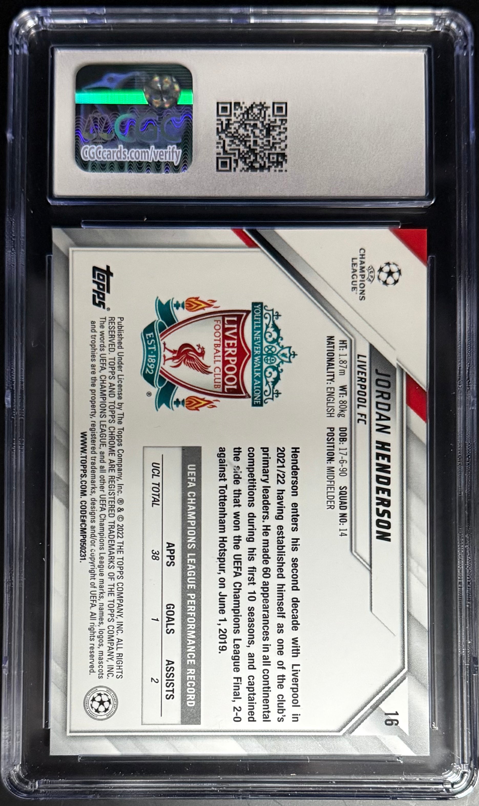 2021-22 Topps Chrome UEFA Champions League Jordan Henderson #16 Base Card - CGC 10 Gem Mint - Perfect for Soccer Collectors & Liverpool FC Fans