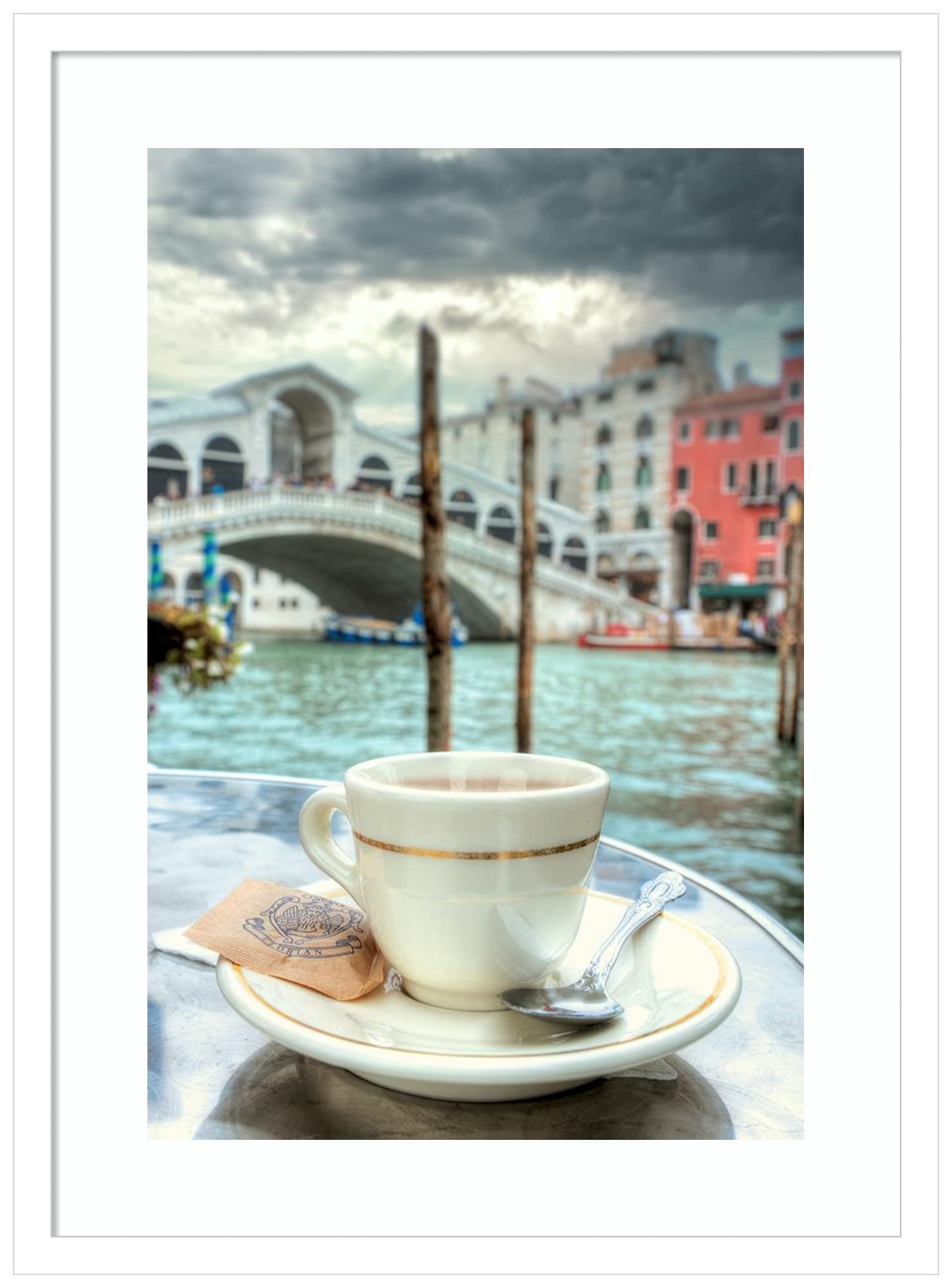 Amanti Art Framed Wall Art Print - 25x19 Caffe Rialto Bridge #1 by Alan Blaustein | Architecture Wall Decor | Coastal Style Painting | Medium Poster Artwork for Living Room, Bedroom, Bathroom & Kitchen | Home & Office Decoration