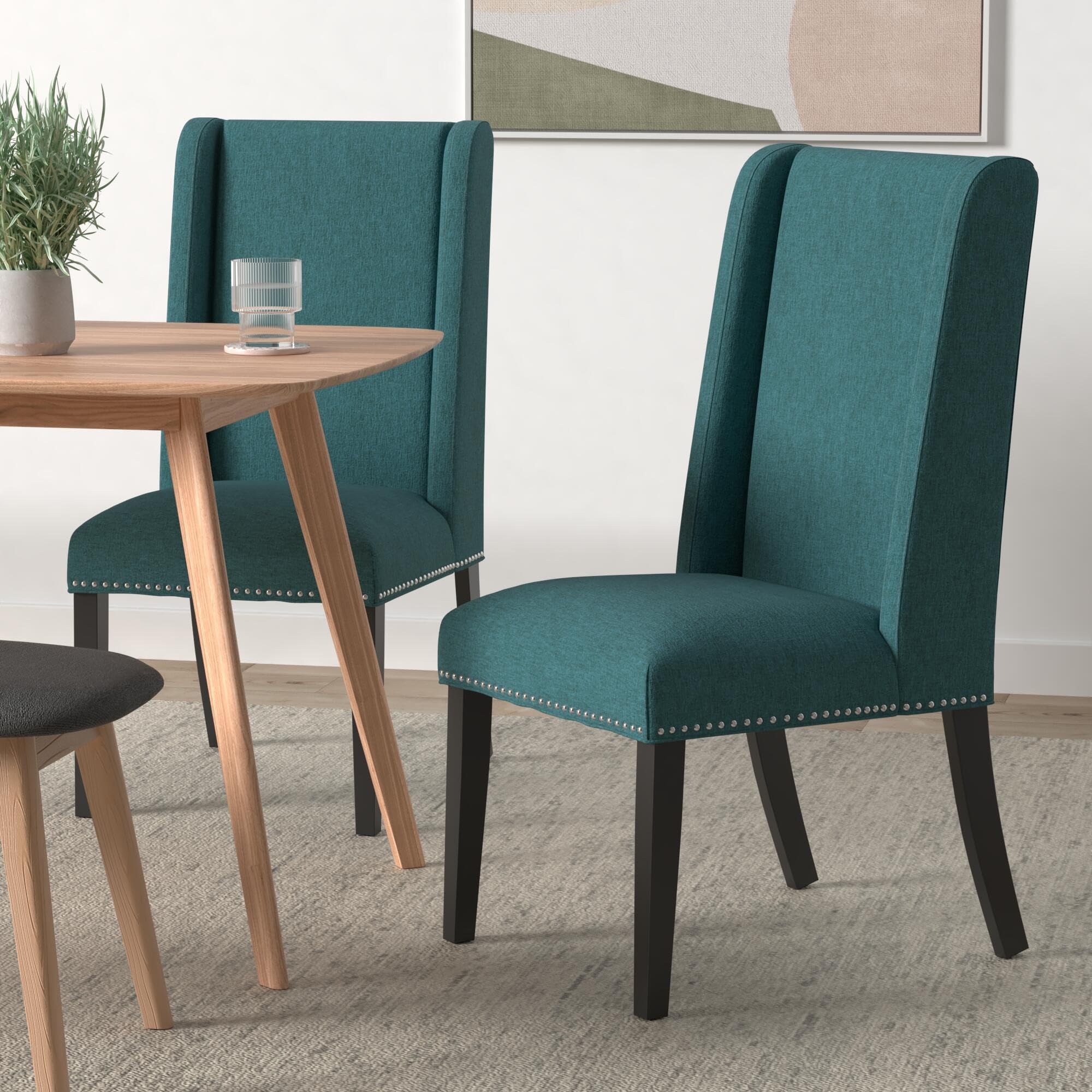 Modway Baron Modern Tall Back Wood Upholstered Fabric Dining Chairs Set of 2 in Teal - Elegant Contemporary Seating for Dining Room, Kitchen, or Office