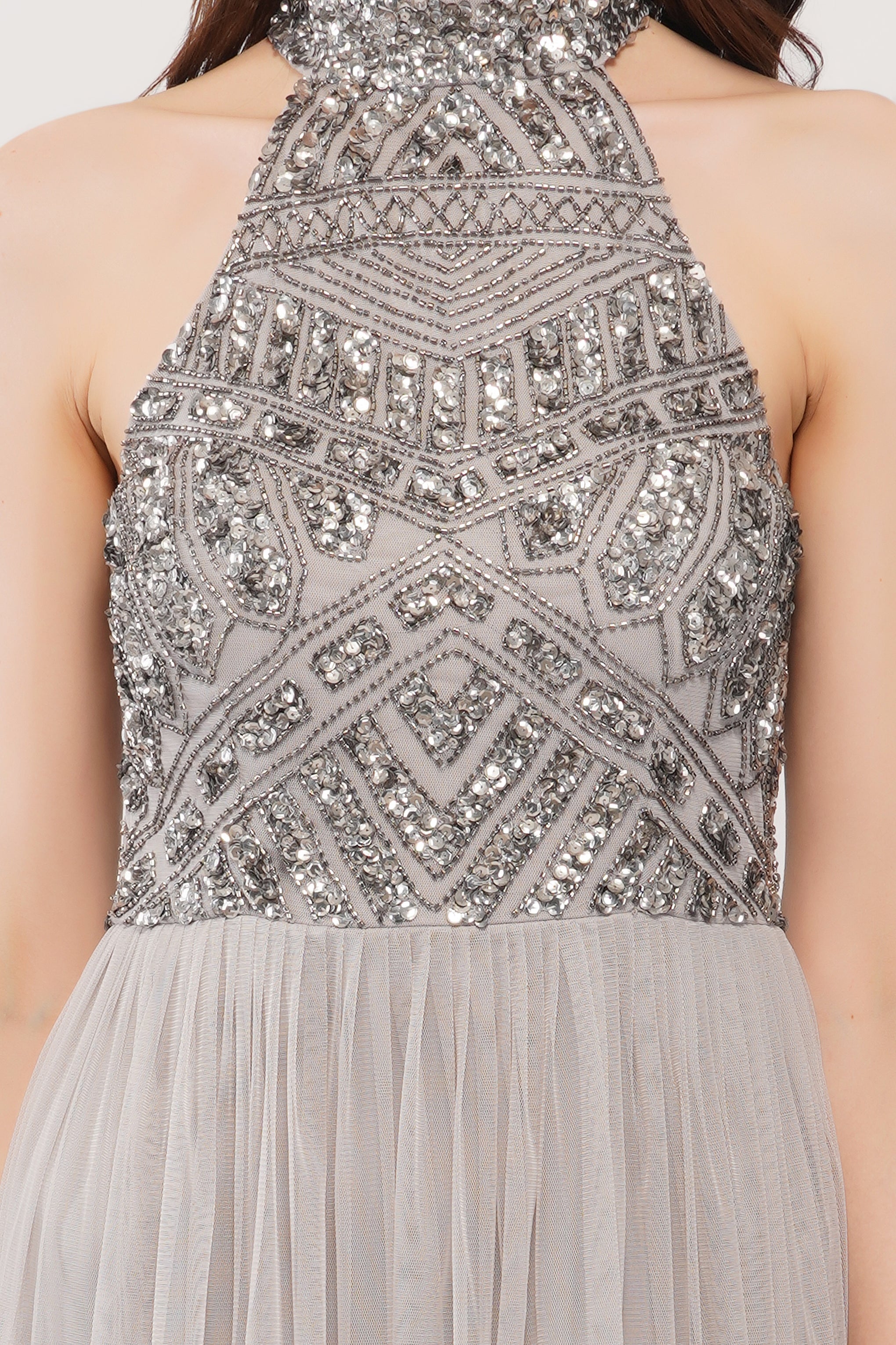 Elegant Sareen Grey Embellished Maxi Dress for Women - Perfect for Weddings, Parties & Special Occasions