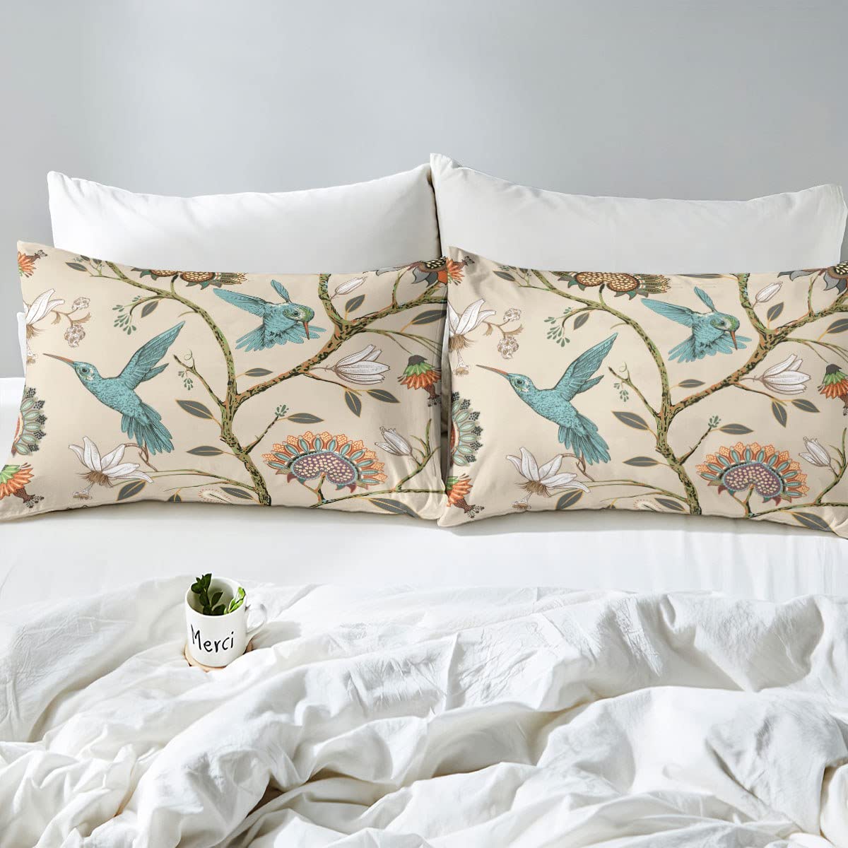 Blue Hummingbird Queen Sheet Set 4pcs - Heart Shaped Floral Animal Print Bedding with Deep Pocket Fitted Sheet, Flat Sheet & 2 Pillowcases | Soft Comfortable Bed Sheets for Kids & Teens Room Decor | Perfect for Nursery, Bedroom Makeover & Gift Giving