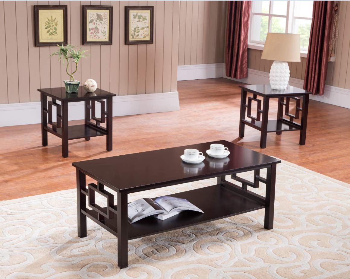 Kings Brand Furniture 3-Piece Wood Coffee Table Set with 2 End Tables - Cherry Finish for Living Room, Lounge & Home Decor