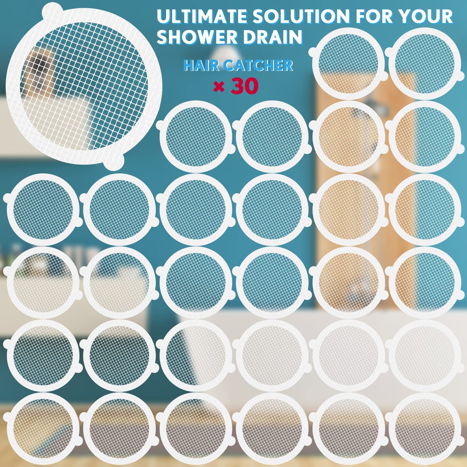 PPKKAI 30 Pack Disposable Shower Drain Hair Catchers - Mesh Filter Sink Strainer Stickers for Bathtub, Kitchen & Bathroom - Catches Pet Hair, Human Hair & Debris - Perfect for Homes with Dogs, Cats & Long Hair Owners