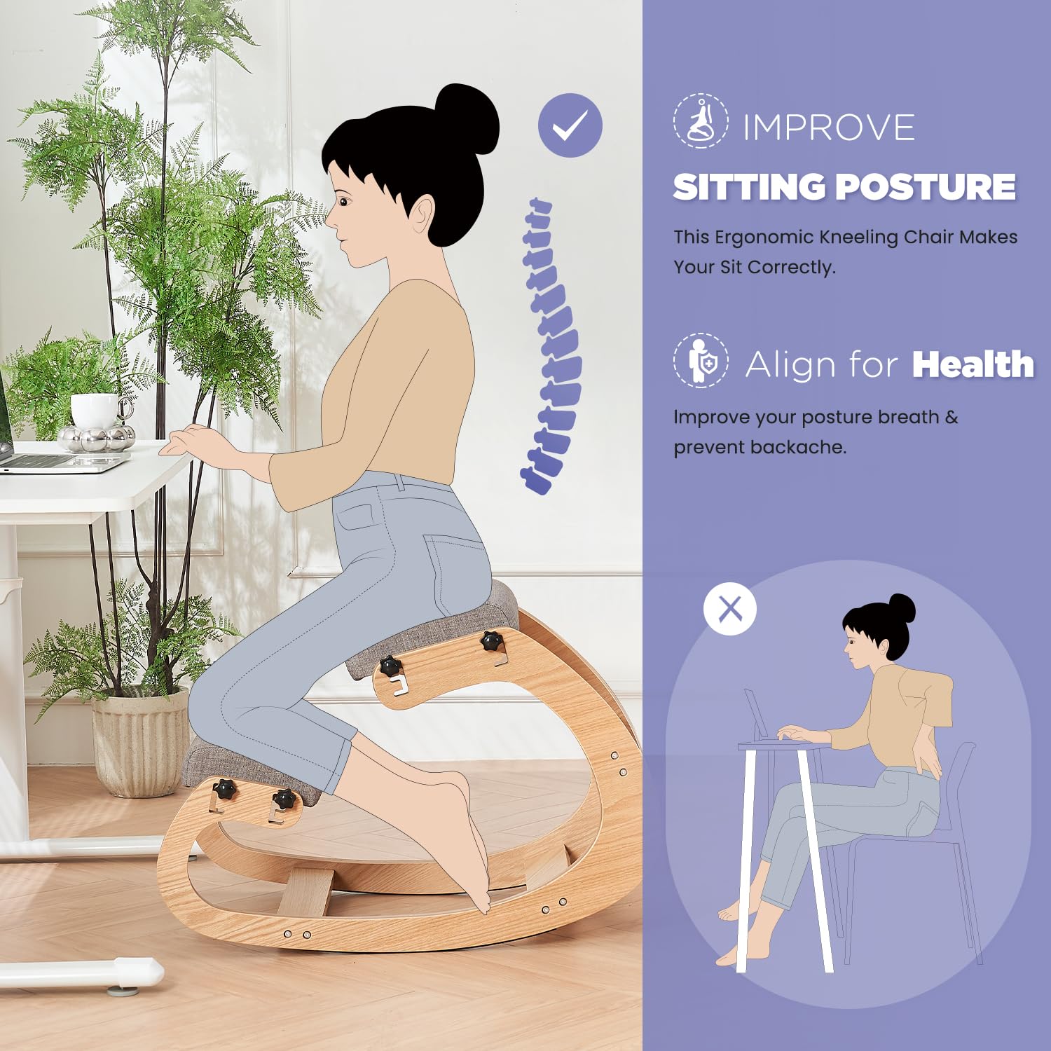 Ergonomic Kneeling Chair - Adjustable Rocking Knee Stool for Home Office & Meditation, Wooden Posture Corrector Chair for Back Pain Relief (Grey) - Perfect for Desk Work, Yoga & Reading