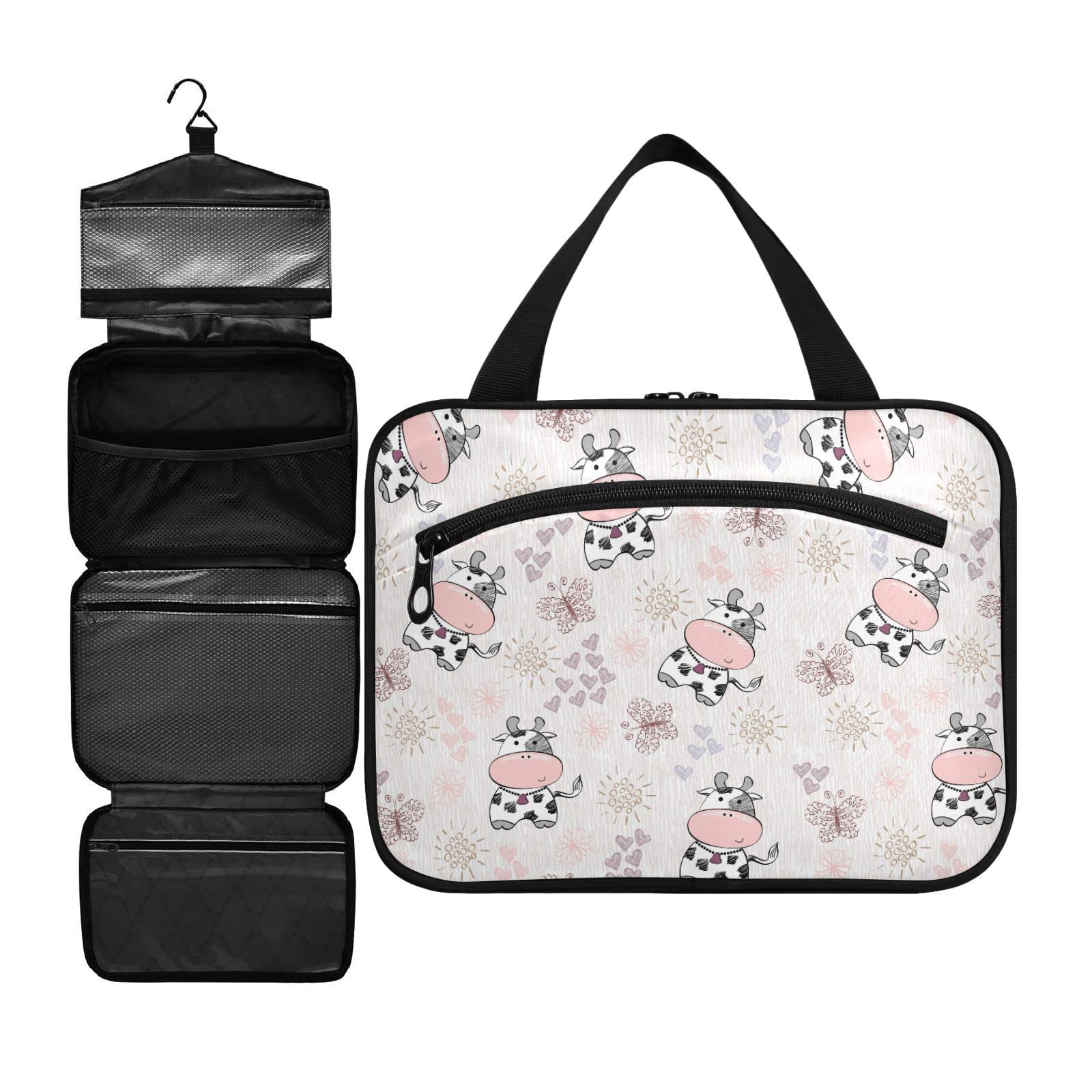 Cute Cow Doodle Toiletry Bag for Women - Travel Cosmetic Organizer with Hook for Bathroom & Vacation