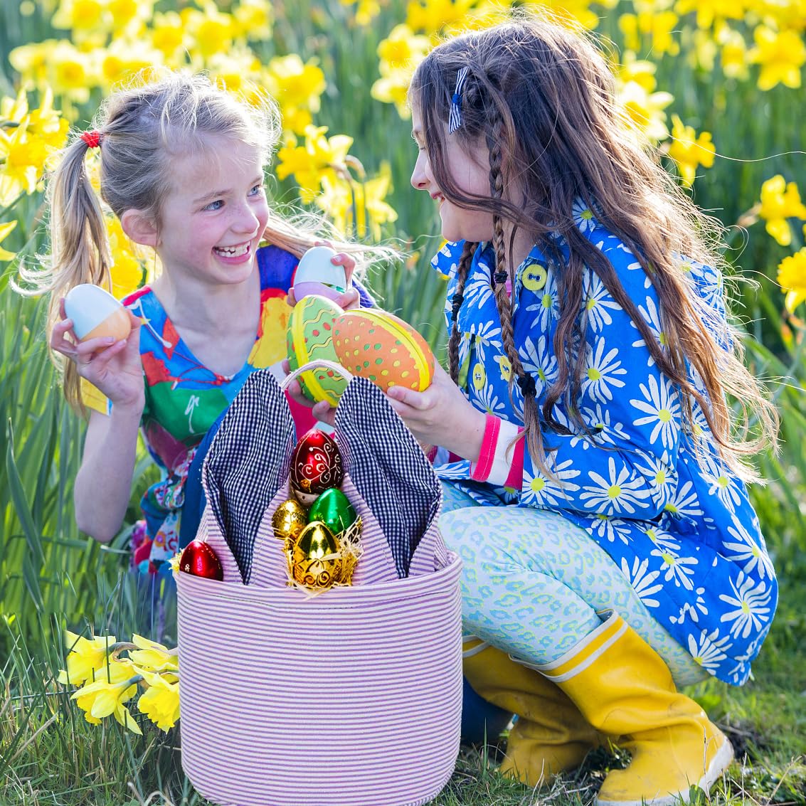 Personalized Easter Bunny Basket - Seersucker Egg Bags for Kids, Fluffy Tail Rabbit Print Candy Buckets (Purple) | Perfect for Easter Egg Hunts, Party Favors & Spring Gift Giving