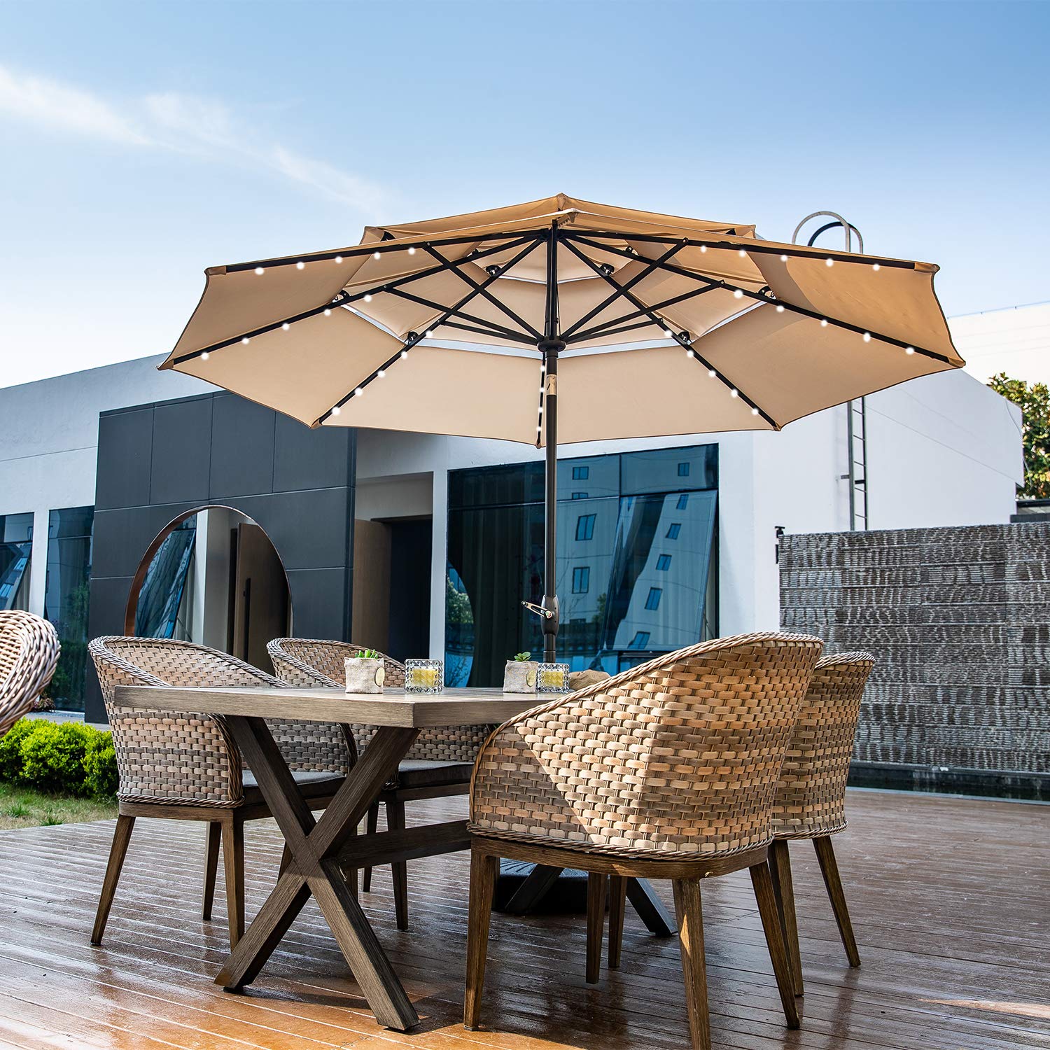 10FT 3-Tier Windproof Patio Umbrella with LED Lights - Waterproof Outdoor Market Umbrella with Tilt & Crank for Garden, Poolside, Restaurant (Khaki)