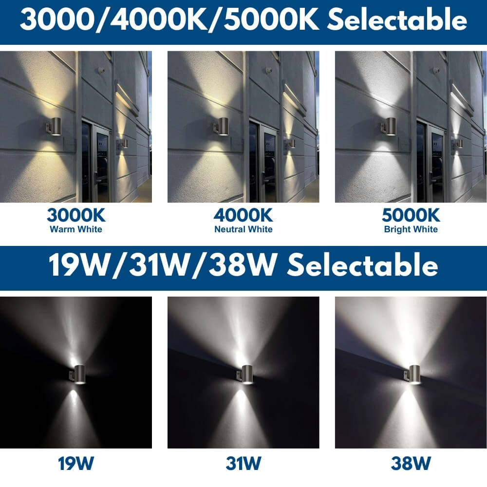 Black Outdoor Wall Sconce Light - 38W/31W/19W Selectable, 5600 Lumens, 3 CCT Options, 120-277V, Photocell with Cap - Perfect for Porch, Patio, Garden & Exterior Home Lighting