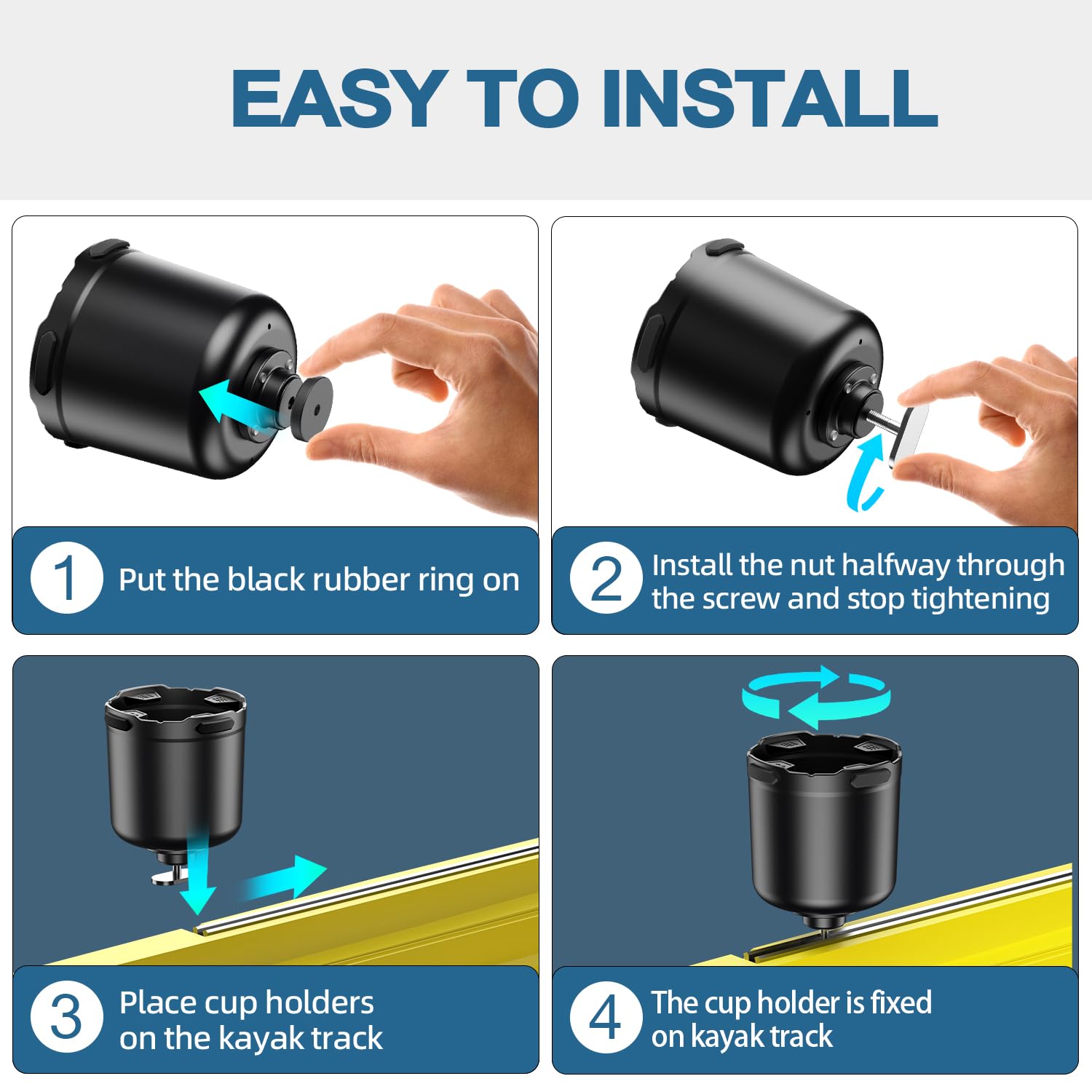 Multi-Functional Kayak Cup Holder with Rubber Tab - Water Bottle & Drink Holder, Phone Mount, Lures Storage - Kayak Track Mount Installation - Perfect Kayak Accessories for Fishing & Outdoor Water Sports