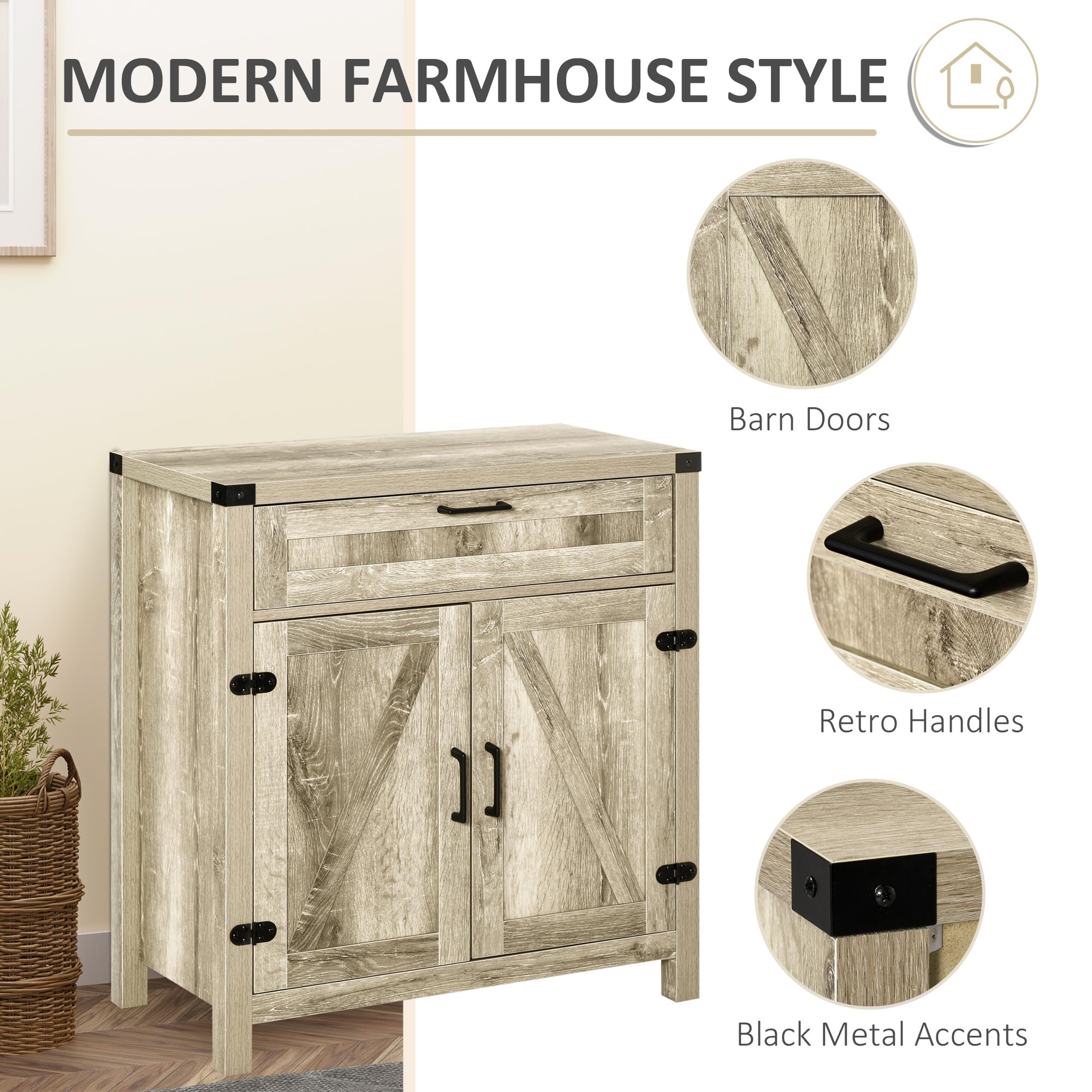 HOMCOM Modern Farmhouse Sideboard Buffet Cabinet with Storage Drawer & 2 Barn Doors - Oak Finish Kitchen Storage & Coffee Bar Cabinet for Dining Room, Living Room, or Entryway Organization