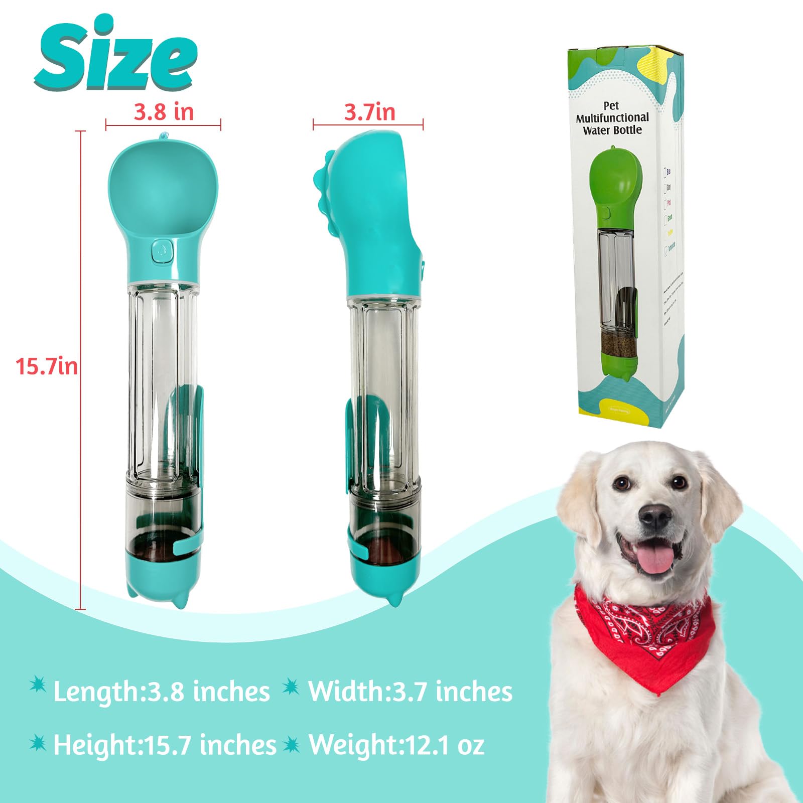 Portable Dog Water Bottle with Feeder and Collapsible Bowl - 12.1oz Leak Proof Travel Water Dispenser for Dogs - Includes Waste Bag Holder & Poop Bags - Perfect for Hiking, Camping, and Outdoor Adventures (Lake Blue)
