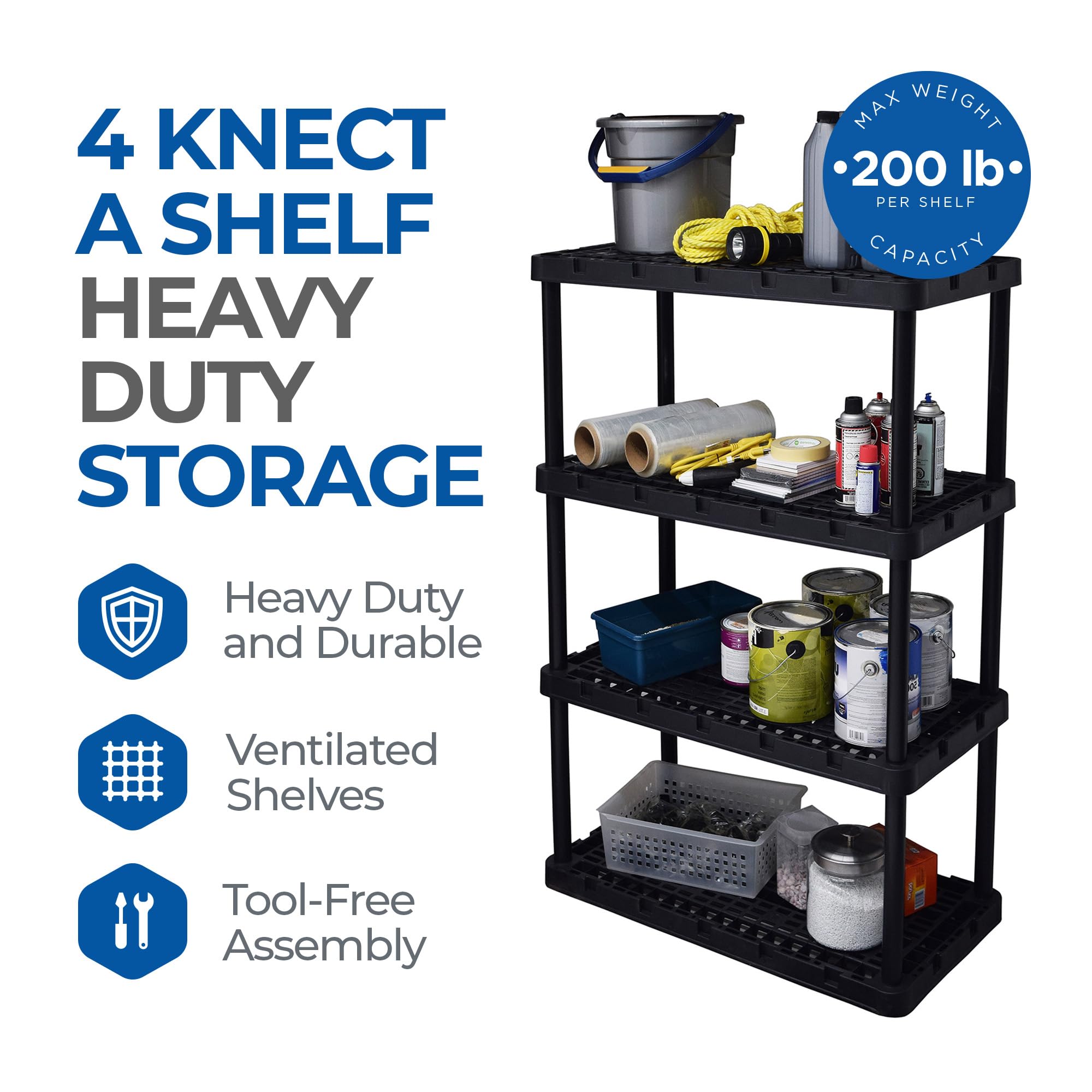 Gracious Living 4-Pack XL Heavy-Duty Storage Shelves | Knect-A-Shelf System | Black Metal Shelving Unit | Perfect for Garage, Basement & Closet Organization
