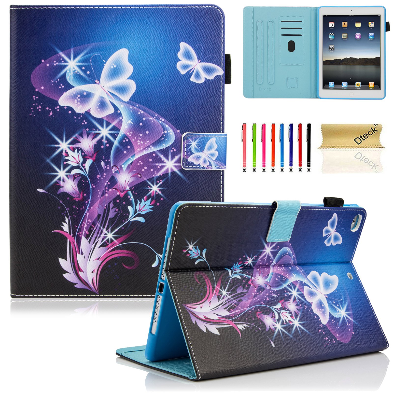 Dteck PU Leather Smart Case for iPad 9.7 Inch (2018/2017) & iPad Air 1/2 - Auto Sleep/Wake Folio Stand Cover with Wallet Function - Purple Butterfly Design - Perfect for Work, Travel & School Use