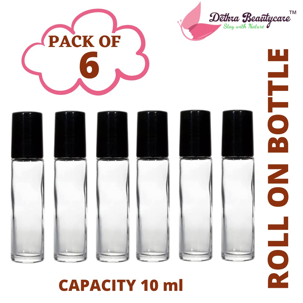 Dethra 10ML Empty Glass Roll On Bottles with Roller Ball & Black Cap - Refillable for Perfume, Essential Oils, Serums (Pack of 6) | Perfect for Travel, DIY Beauty, Aromatherapy & Gift Packaging