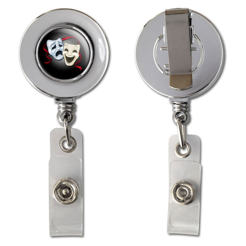 Drama Comedy Tragedy Masks - Theater Acting Retractable Badge Reel with Chrome ID Card Holder Clip for Actors, Teachers & Event Staff