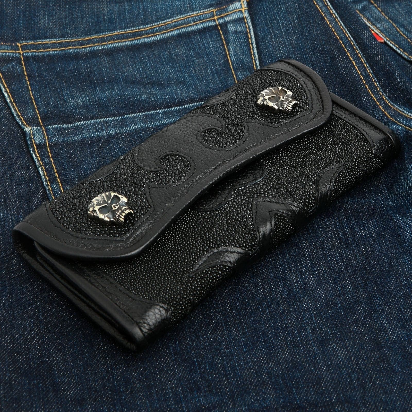 Tribal Black Genuine Leather Trifold Biker Wallet for Men - RFID Blocking Motorcycle Wallet with ID Window & Card Slots - Perfect for Riders, Travel & Everyday Use