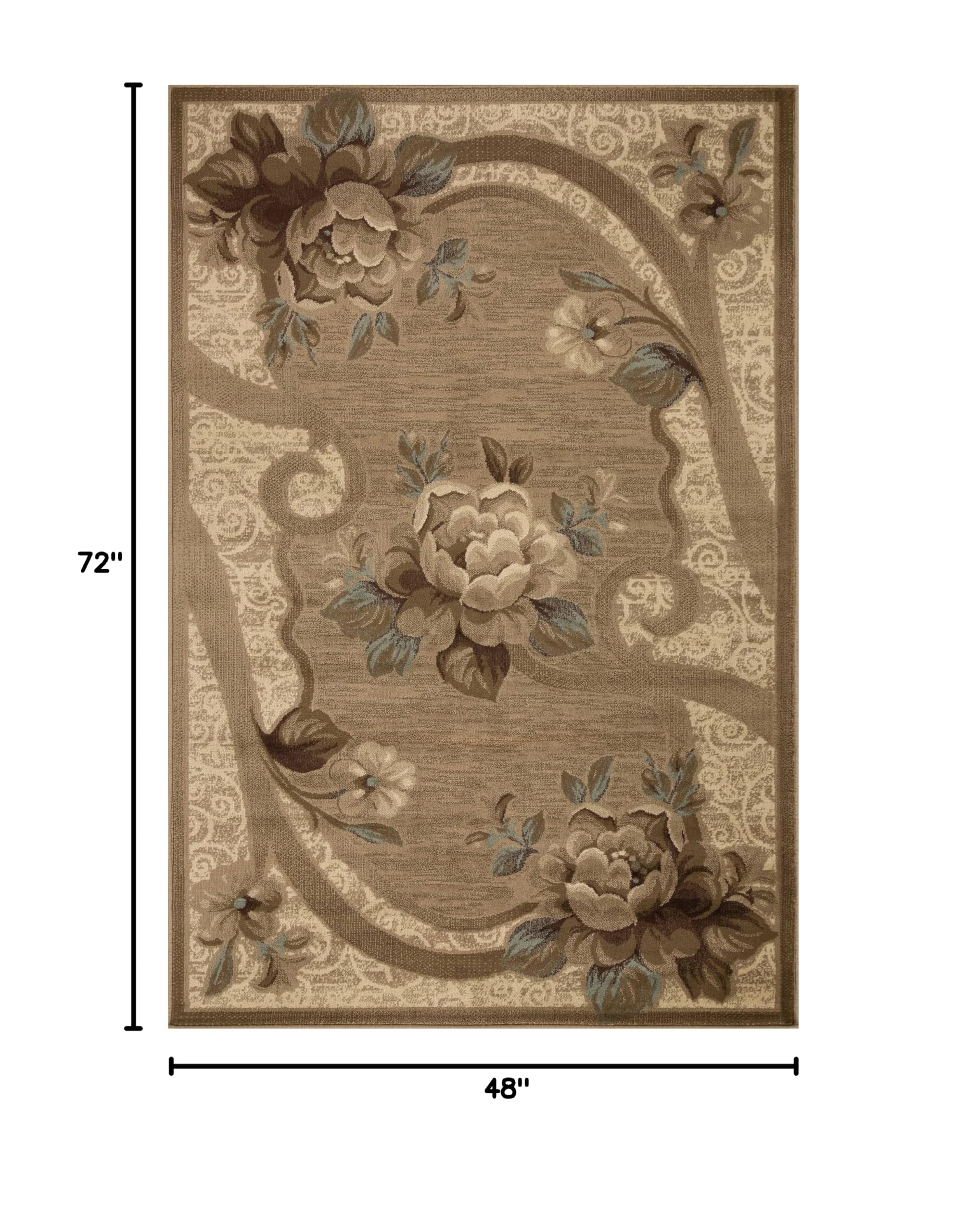 Premium Indoor Area Rug with Jute Backing - Soft Plush Modern Farmhouse Design for Entryway, Living Room, Kitchen & Bedroom | Floral Scroll Pattern (Rinceau Collection) 4' x 6' Brown Ivory - Perfect for Cozy Home Decor & High-Traffic Areas