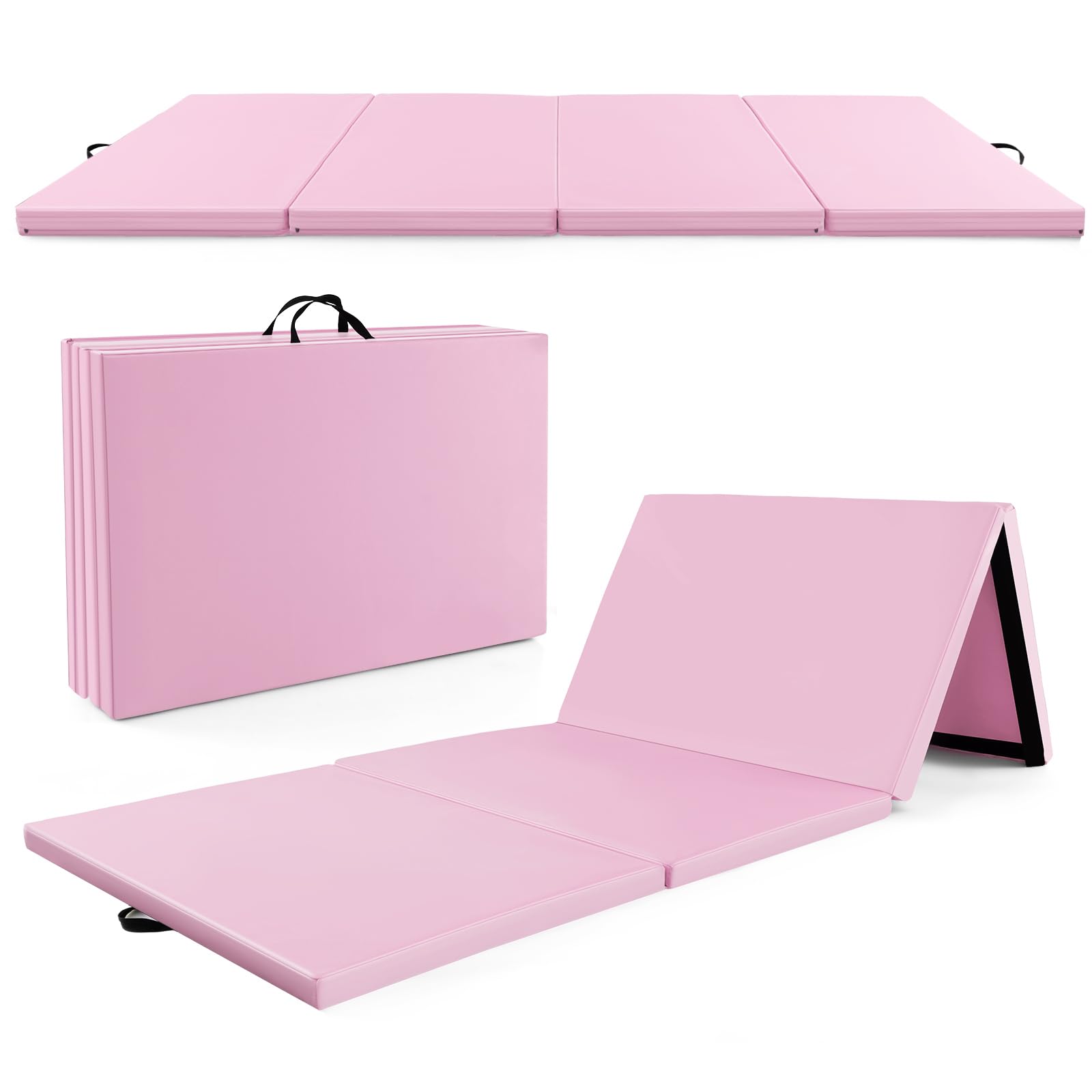 Goplus 10'x4'x2'' Folding Gymnastics Mat - Thick PU Leather Tumbling Mat with Hook & Loop Fasteners & Portable Handles - 4-Panel Exercise Mat for Home Gym, Yoga, Gymnastics, Martial Arts & Kids Play Area