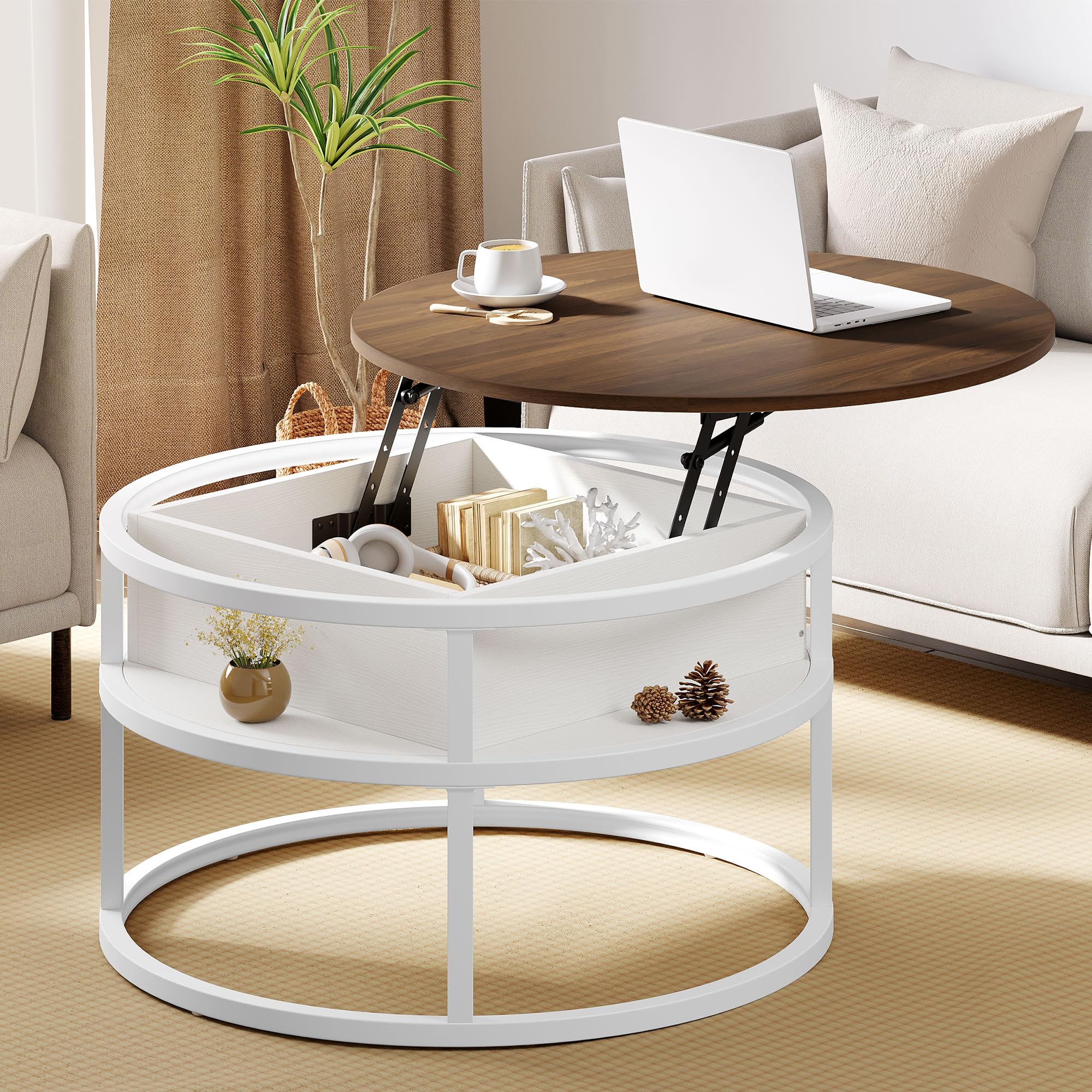 YITAHOME Round Lift Top Coffee Table with Hidden Storage - Modern Living Room & Home Office Center Table in Brown & White - Perfect for Small Spaces, Entertaining, and Stylish Storage Solutions
