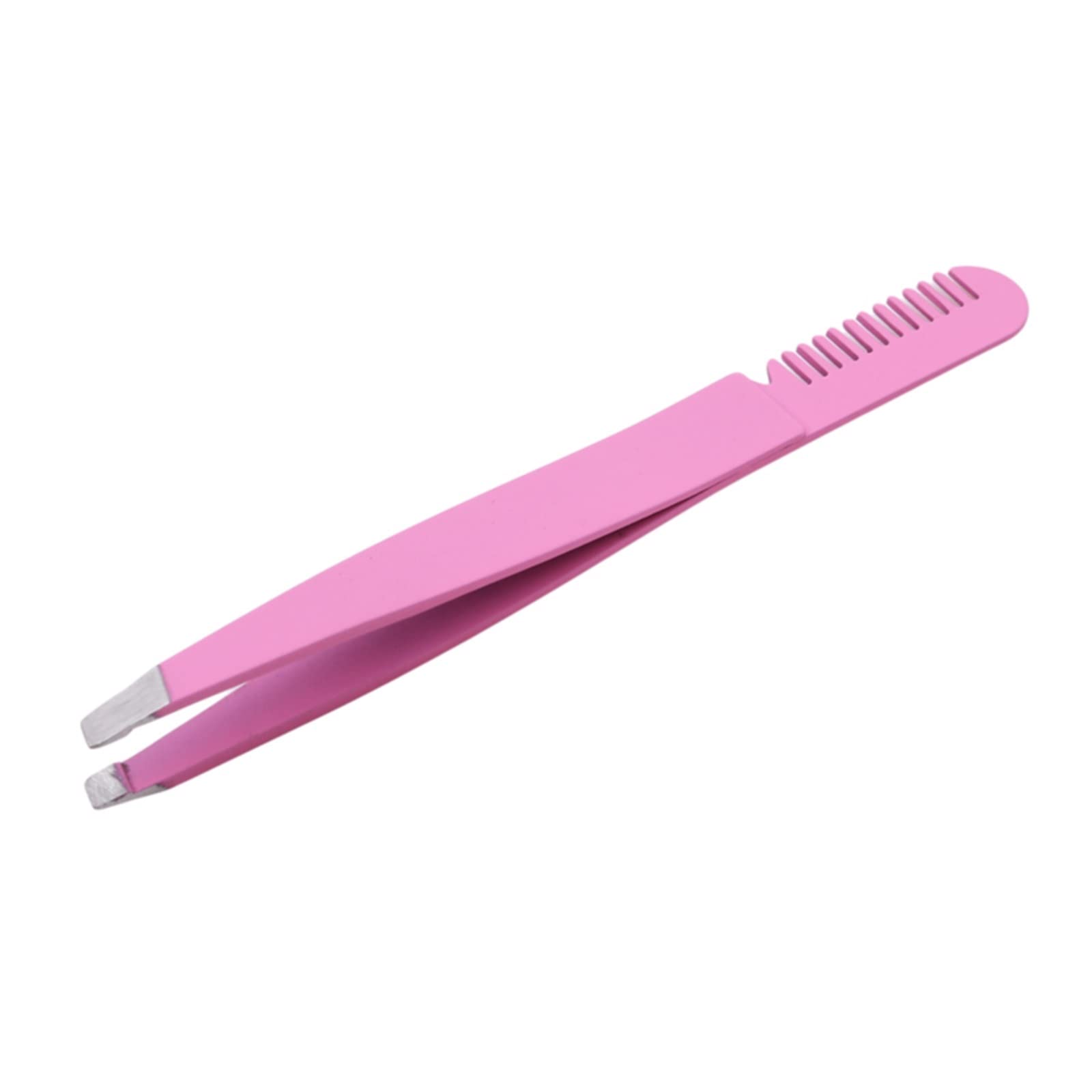 Stainless Steel Slanted Tweezers for Eyebrow Shaping & Hair Removal - Precision Makeup Tool with Eyebrow Comb - Perfect for Grooming, Beauty & Travel (Pink)