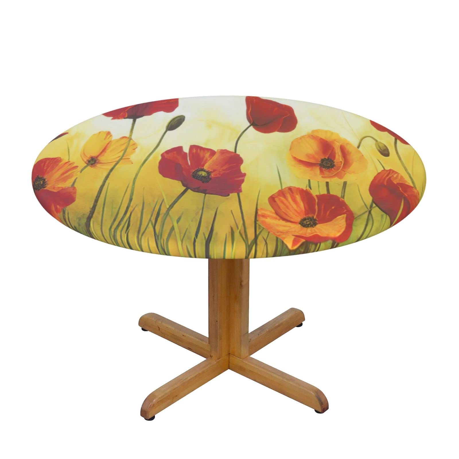 Red Poppy Flowers Outdoor Patio Round Tablecloth - Elastic Edged Spring Lawn Table Cover Fits 40