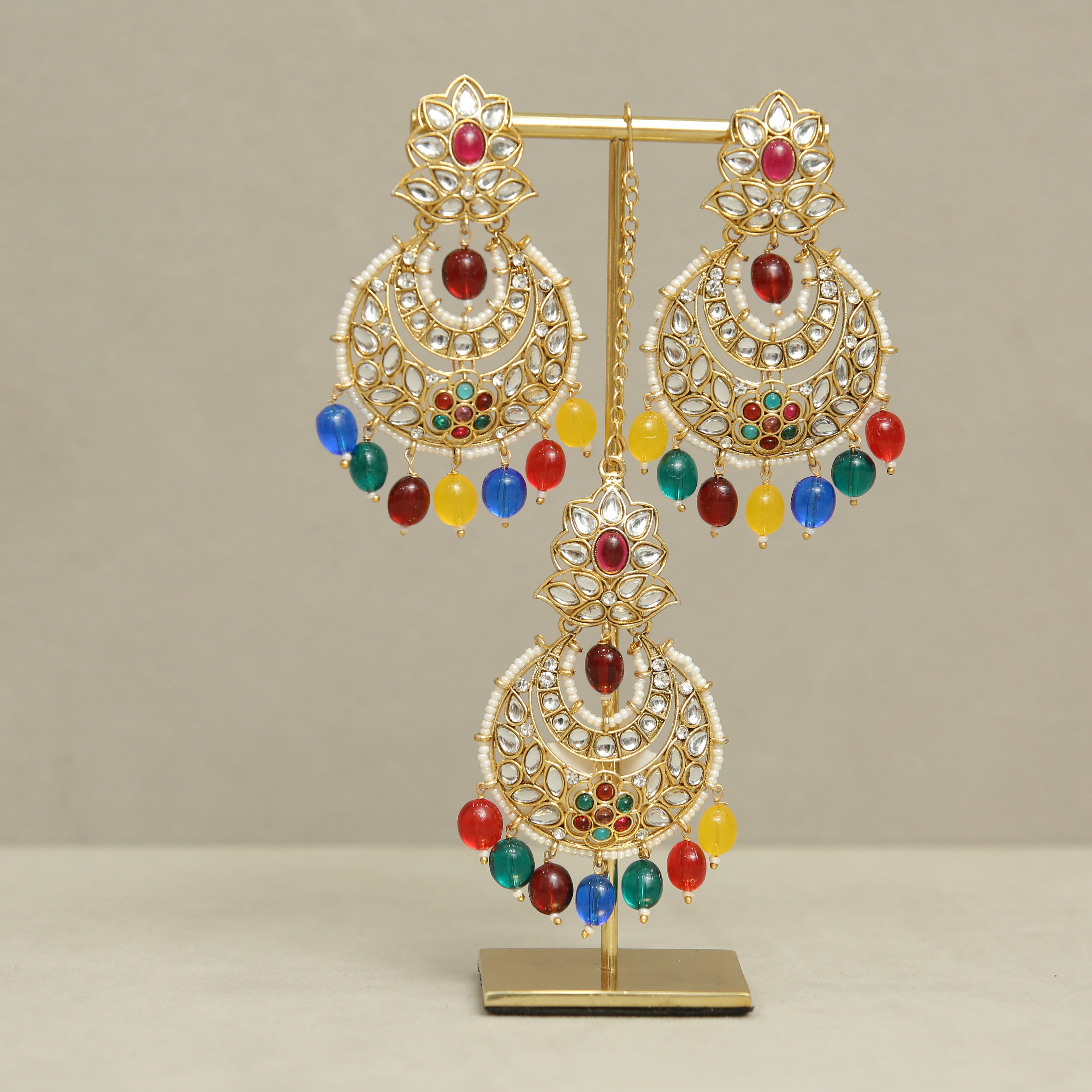 Emilia Kundan Earrings and Tikka Set | Indian Bridal Jewelry | Wedding Accessories for Women | Perfect for Bridal, Party, and Festive Occasions