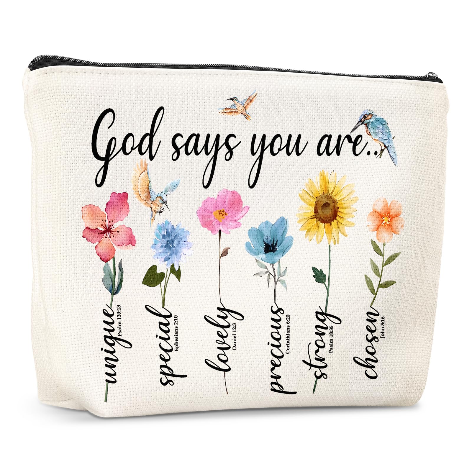 God Says You Are Makeup Bag - Inspirational Bible Verse Cosmetic Pouch, Christian Gift for Women, Encouragement Present with Floral Bird Design - Perfect for Church, Bible Study, Birthday & Daily Use