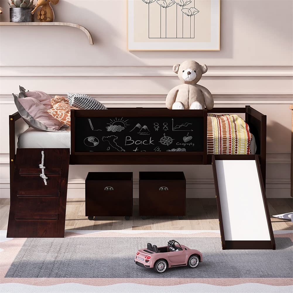 **Twin Size Low Loft Bed with Slide & 2 Storage Boxes - Easy Assembly Wooden Loft Bed (Espresso) - Perfect for Kids' Bedroom, Dorm Room & Small Spaces**
