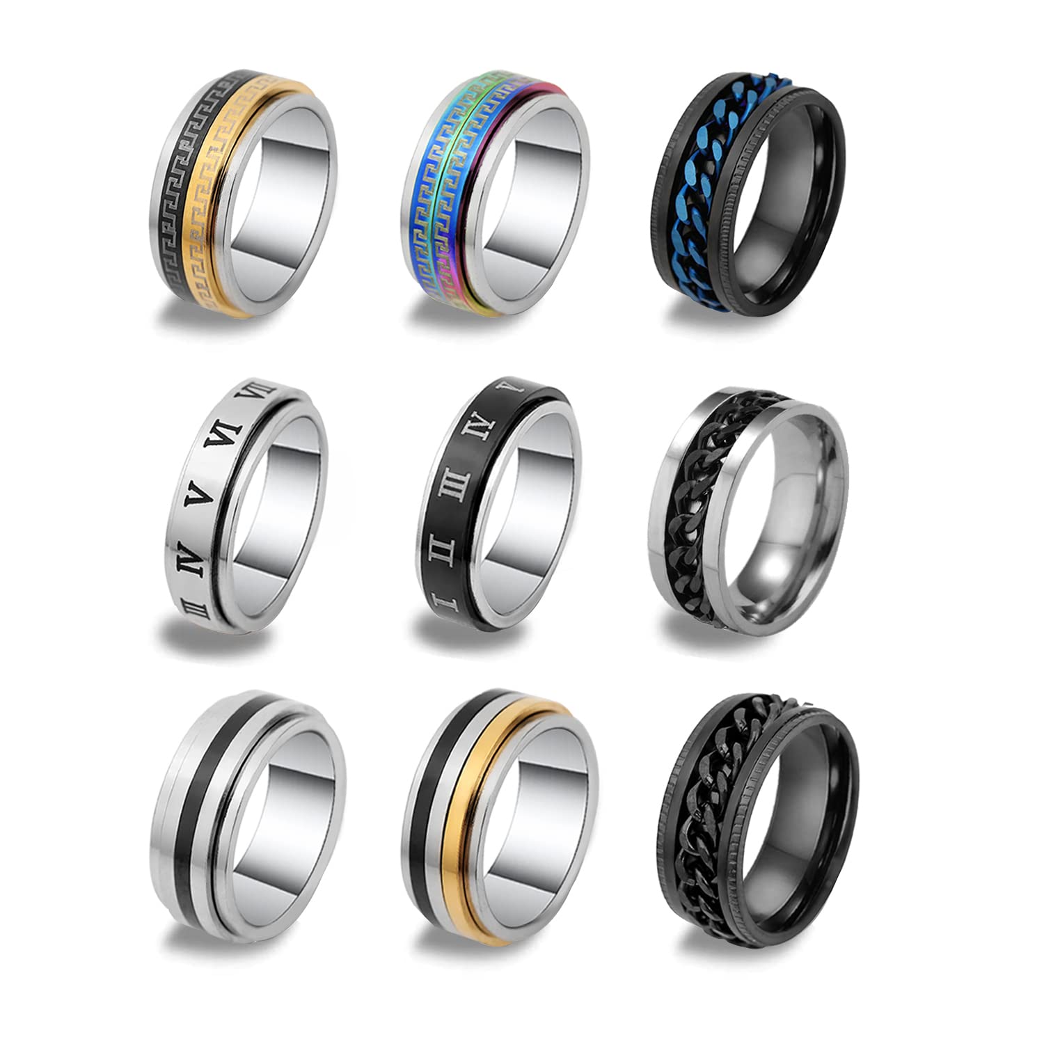 DICOINA 9Pcs Stainless Steel Fidget Rings for Women & Men - Spinner Anxiety Relief Rings with Moon & Star Design, Wedding Promise Bands (Sizes 5-10) - Perfect for Stress Relief, Gifts & Couple Matching Jewelry