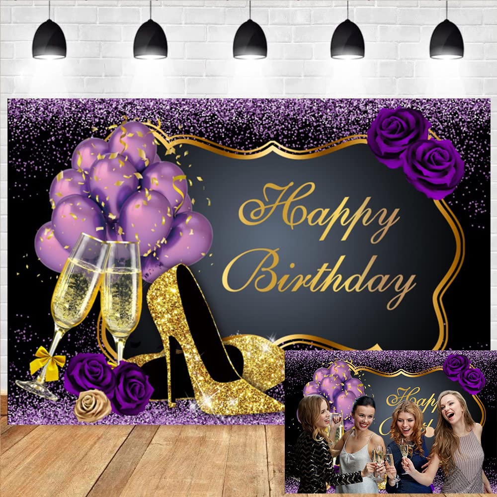 Leyiyi 12x8ft Happy Birthday Photo Backdrop - Purple & Black Glitter Background with Balloons, Champagne & Roses for Women's Birthday Party, Mother's Day Decor, Baby Shower, Bridal Shower Photography