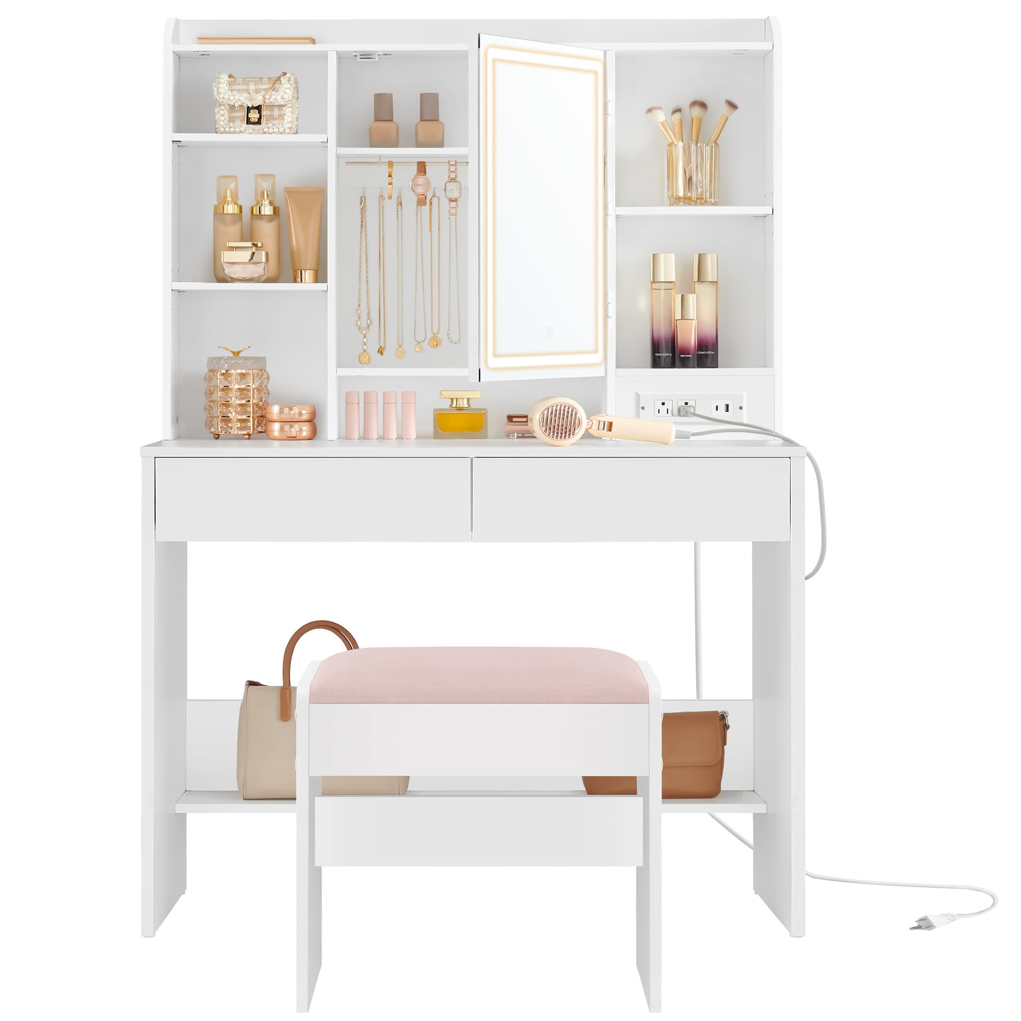 VASAGLE Modern Vanity Desk with Power Outlets & Dimmable LED Lights - Makeup Dressing Table with Mirror, 6 Compartments & 2 Drawers - Includes Upholstered Stool - Perfect for Bedroom, Dorm Room or Beauty Salon (Cloud White URDT031W01)