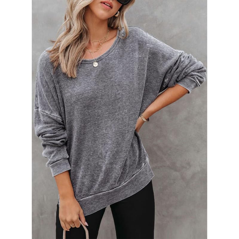 Oversized Waffle Knit Sweatshirt for Women - Split Hem Long Sleeve Crewneck Pullover | Casual Loose Fit Tops for Fall & Winter | Perfect for Coffee Dates, Weekend Outings & Cozy Layering