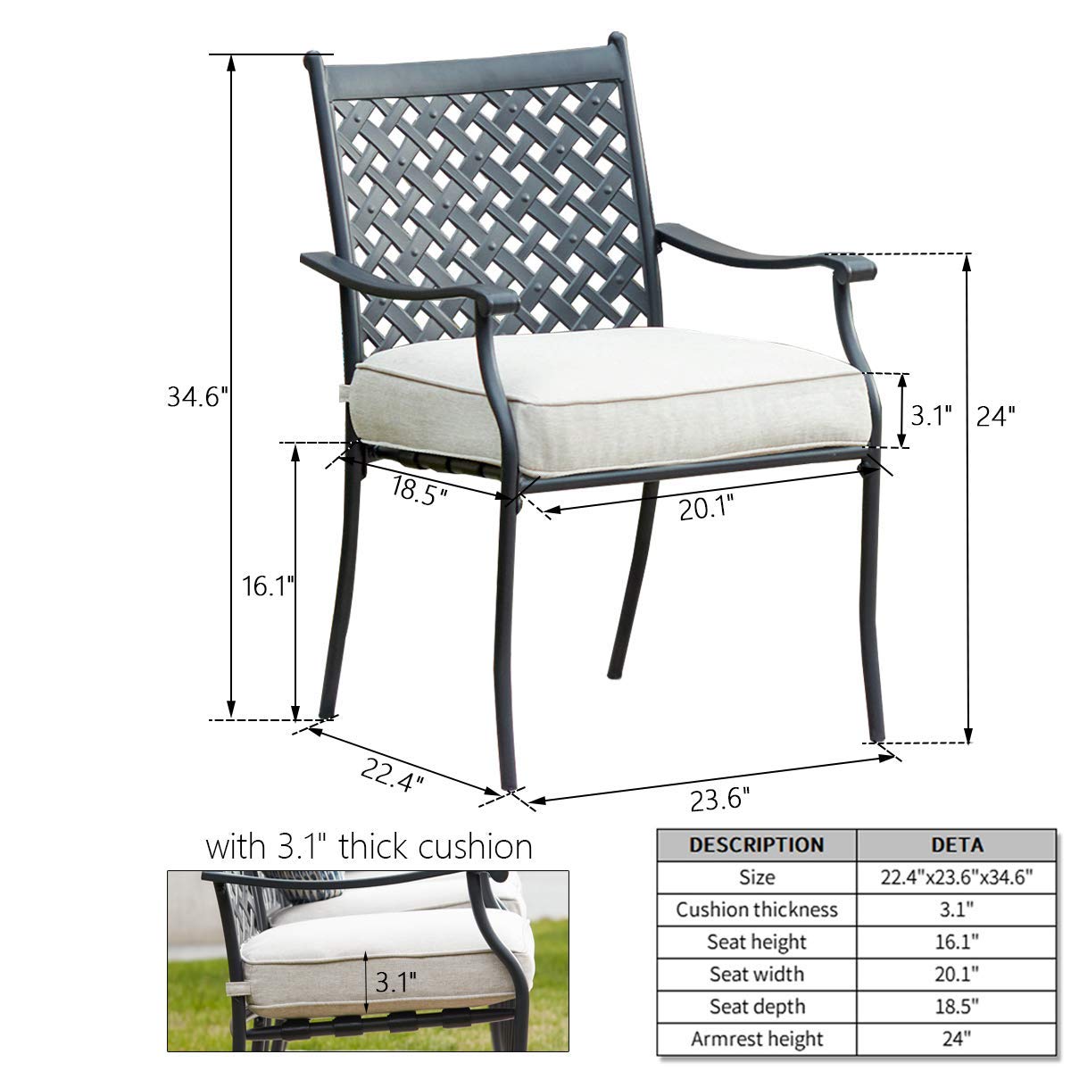 4-Piece Metal Outdoor Wrought Iron Patio Dining Chairs Set with Arms & Cushions (White) - Durable Garden Furniture for Backyard, Poolside & Restaurant Seating
