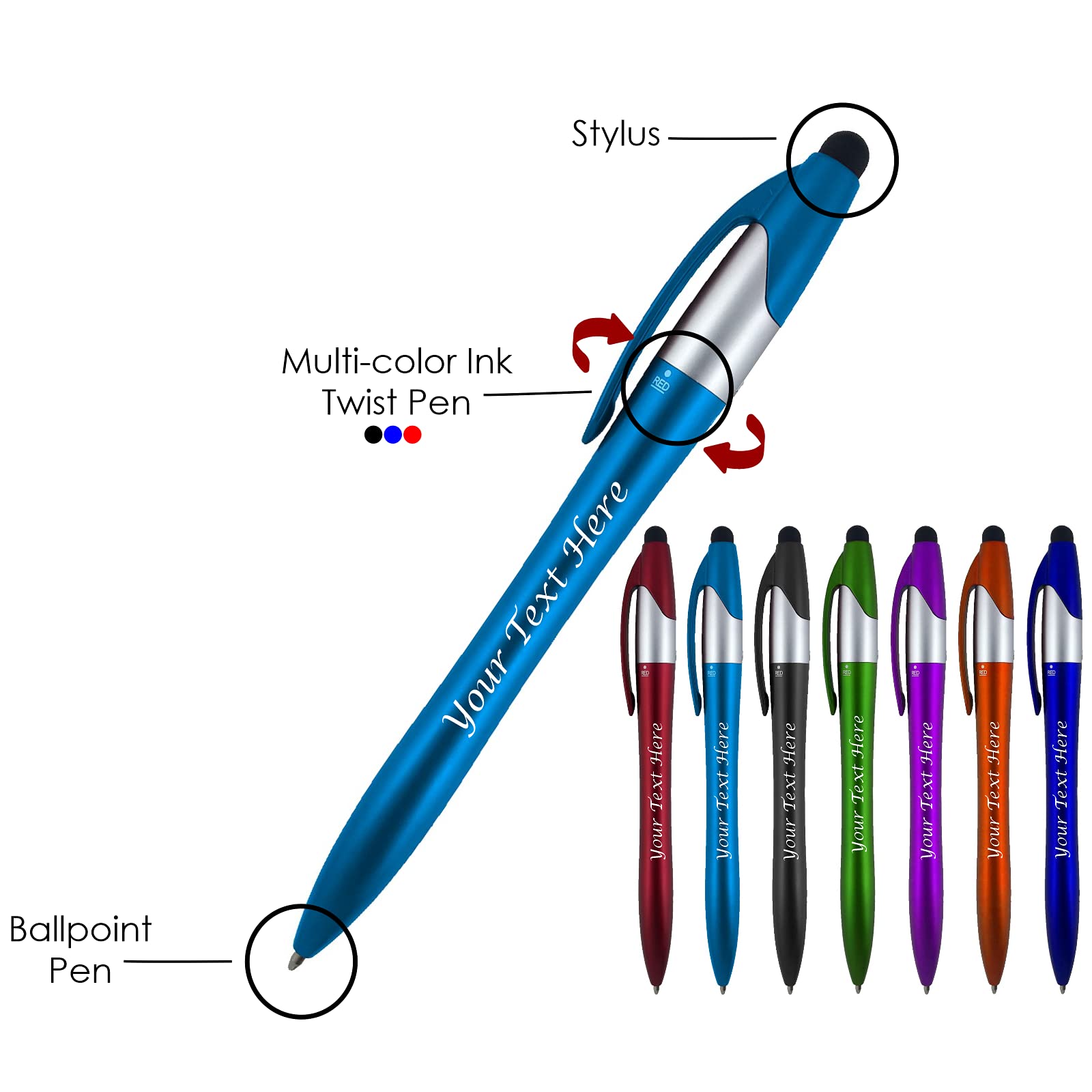 Custom Logo Ballpoint Pens - Pack of 400 (Black, Blue, Red Ink + Stylus) - Bulk Promotional Pens for Business Marketing, Trade Shows, Corporate Gifts & Events - Orange Touchscreen Stylus Pens for Office, School & Digital Devices