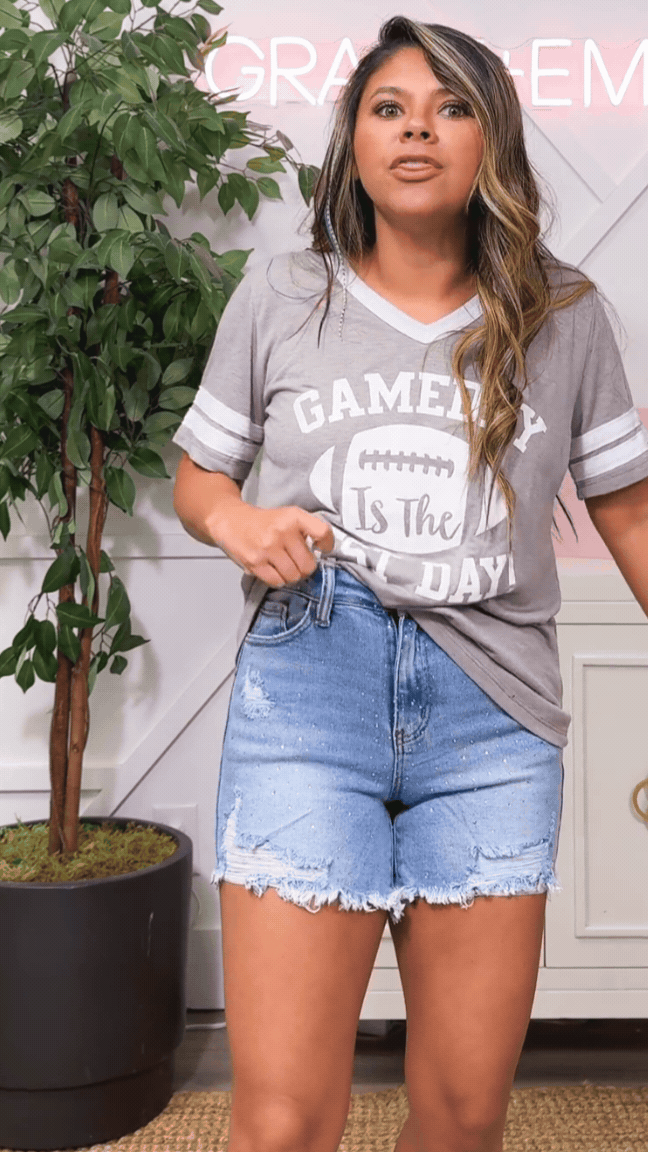 Bonnie Rhinestone Embellished Denim Shorts - Mid Wash Distressed Jeans for Women | Casual Wear, Summer Outfits, and Party Style