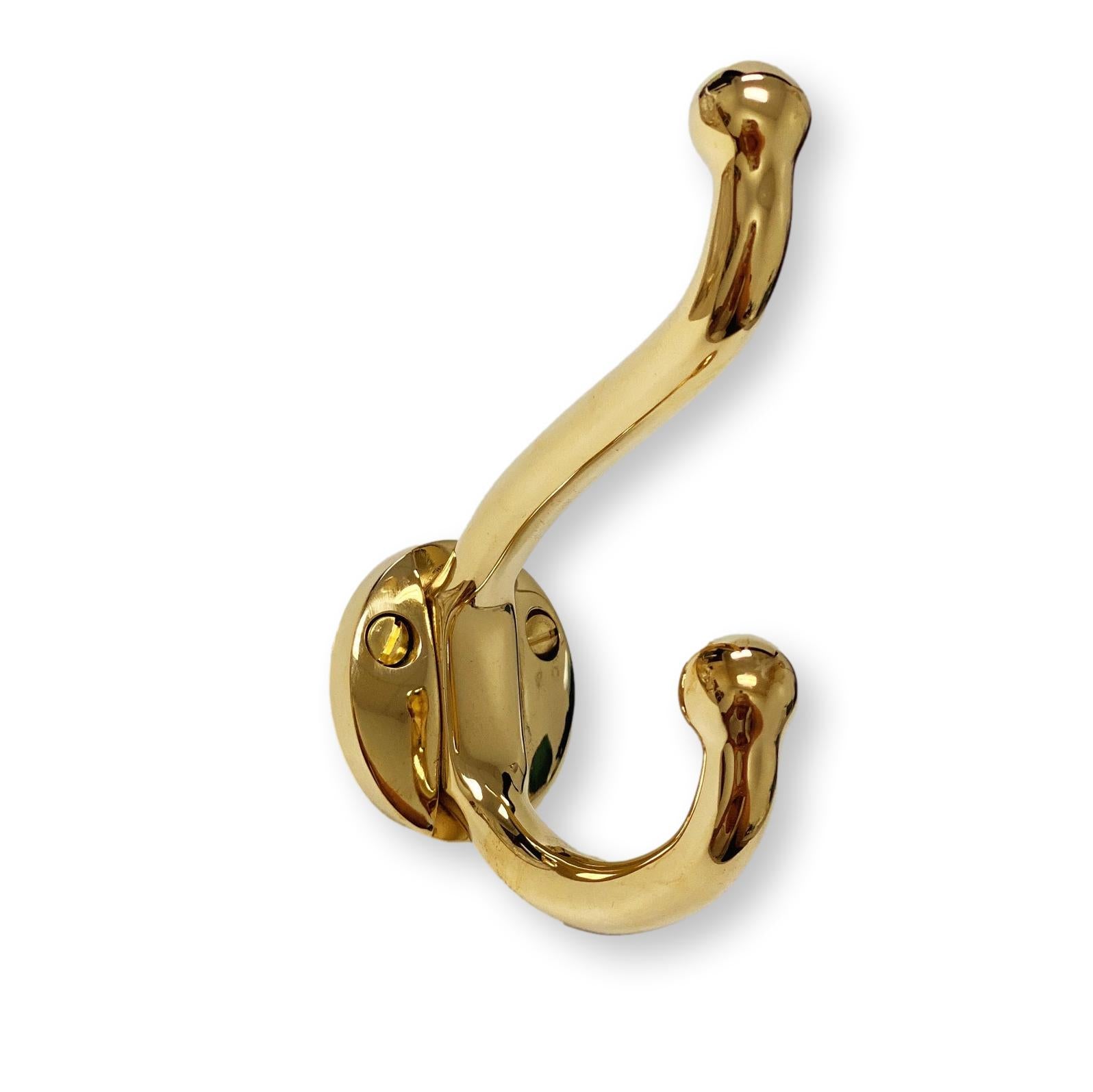 Vintage Style Polished Unlacquered Brass Wall Hook - Heavy Duty Coat Hanger for Jackets, Hats & Bags - Perfect for Entryway, Bedroom & Bathroom Organization