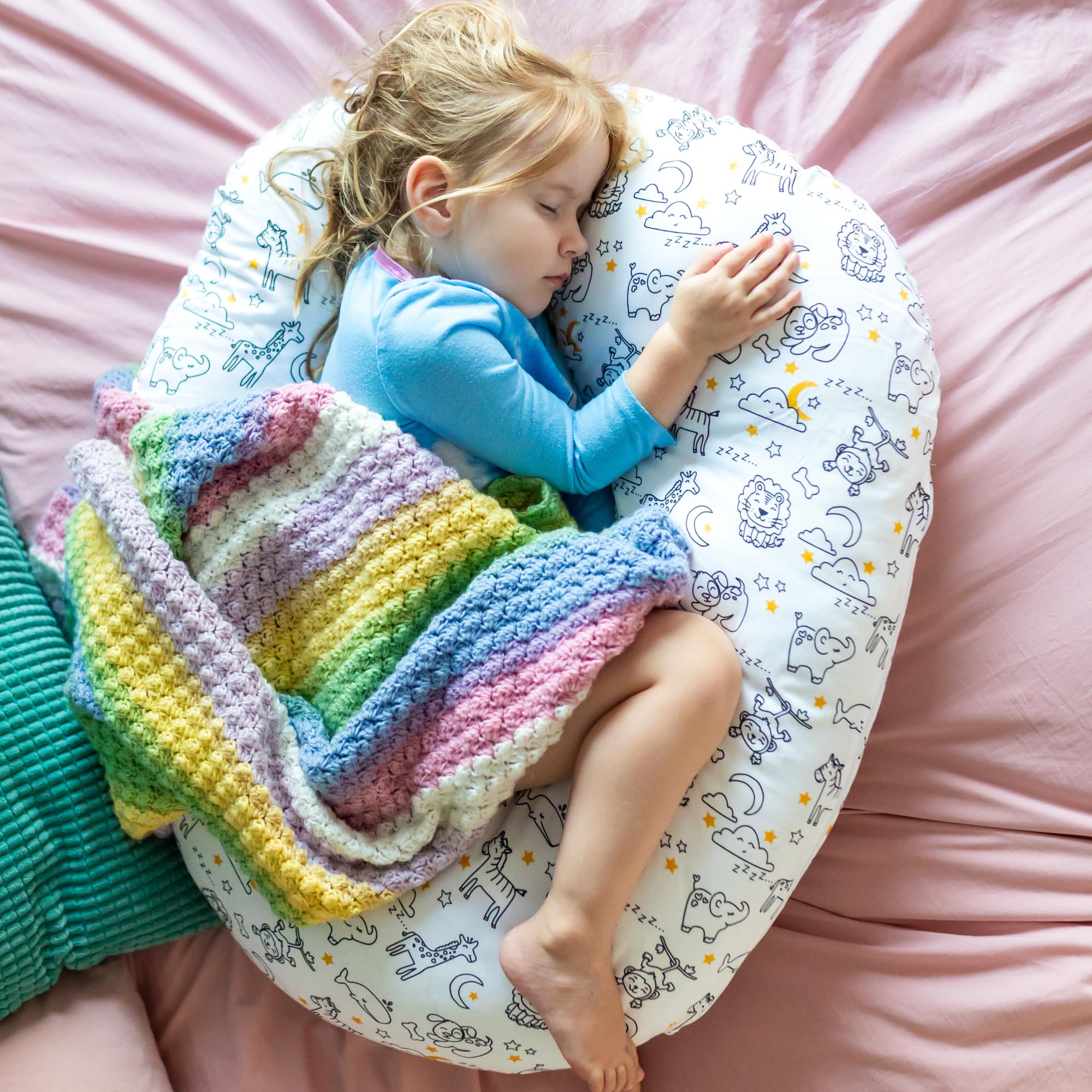 100% Organic Cotton Toddler Body Pillow - Hypoallergenic Kids Sleeping Pillow for Boys & Girls | Machine Washable Cover | Perfect for Nap Time, Travel & Cuddling (White/Safari)