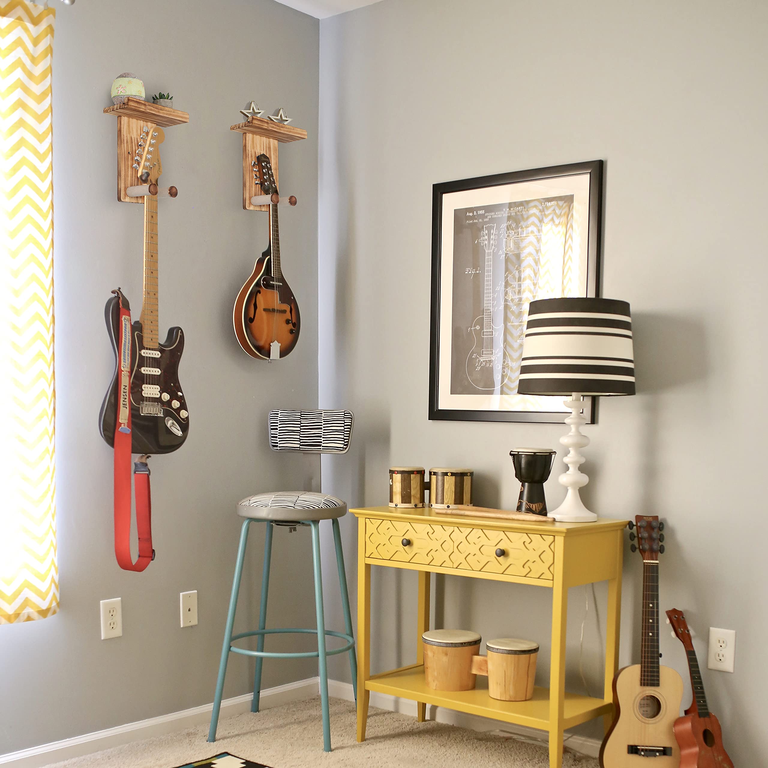 Premium 2-Pack Keebofly Guitar Wall Hangers - Solid Pine Wood Wall Mount Holder with Pick Storage for Acoustic/Electric Guitar, Bass, Ukulele & Mandolin - Space-Saving Instrument Display for Home, Studio & Music Classroom (Brown, Patented Design)