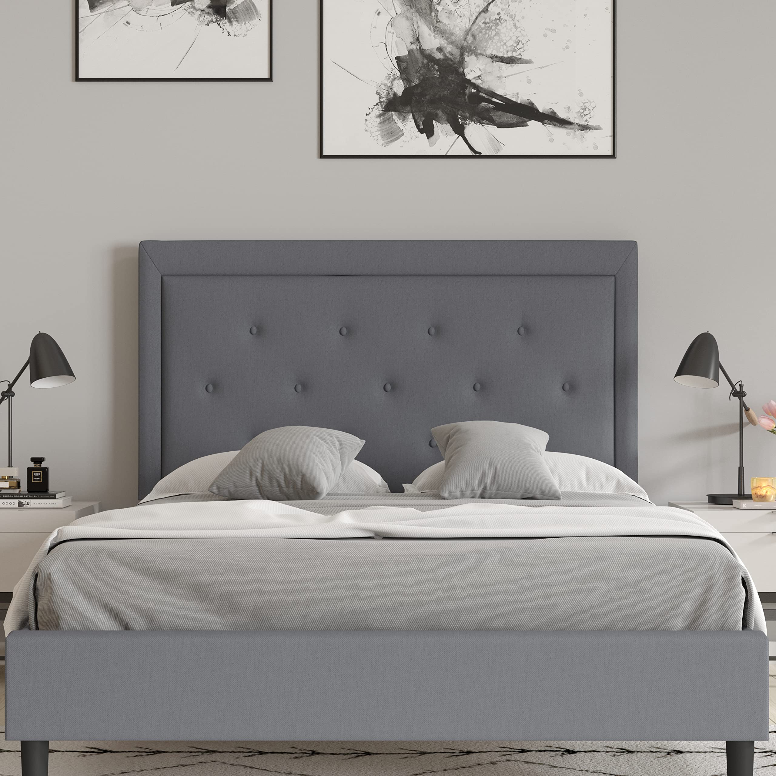 Merrick Lane Mallory Full Size Tufted Upholstered Platform Bed in Light Gray Fabric - Modern Bedroom Furniture for Small Spaces & Guest Rooms