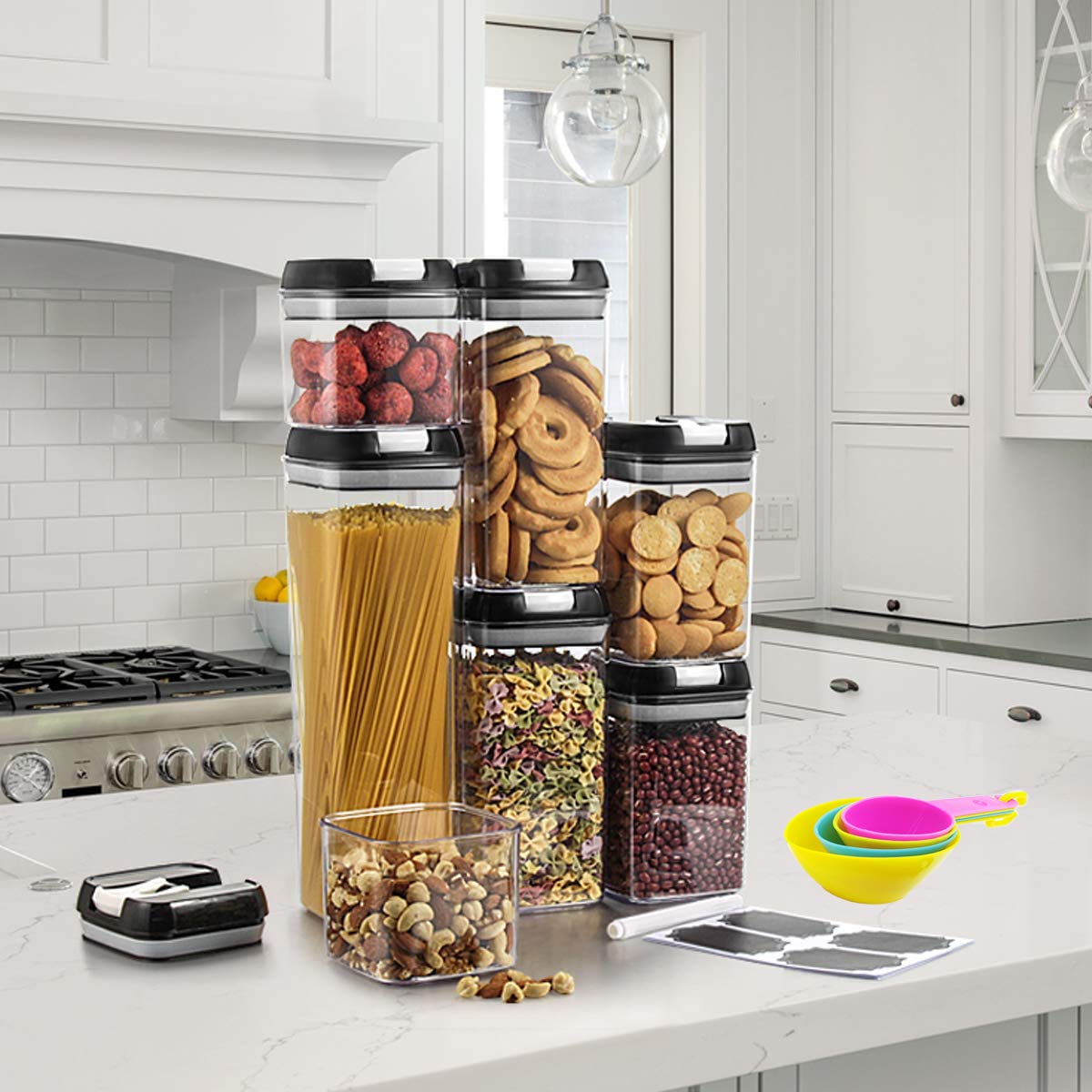 7-Piece Airtight Food Storage Containers Set - BPA-Free Plastic Cereal Containers with Easy-Lock Lids & Accessories (Label Marker & Measuring Cup) for Kitchen Pantry Organization - Perfect for Dry Food, Snacks, Flour, Rice & Meal Prep Storage